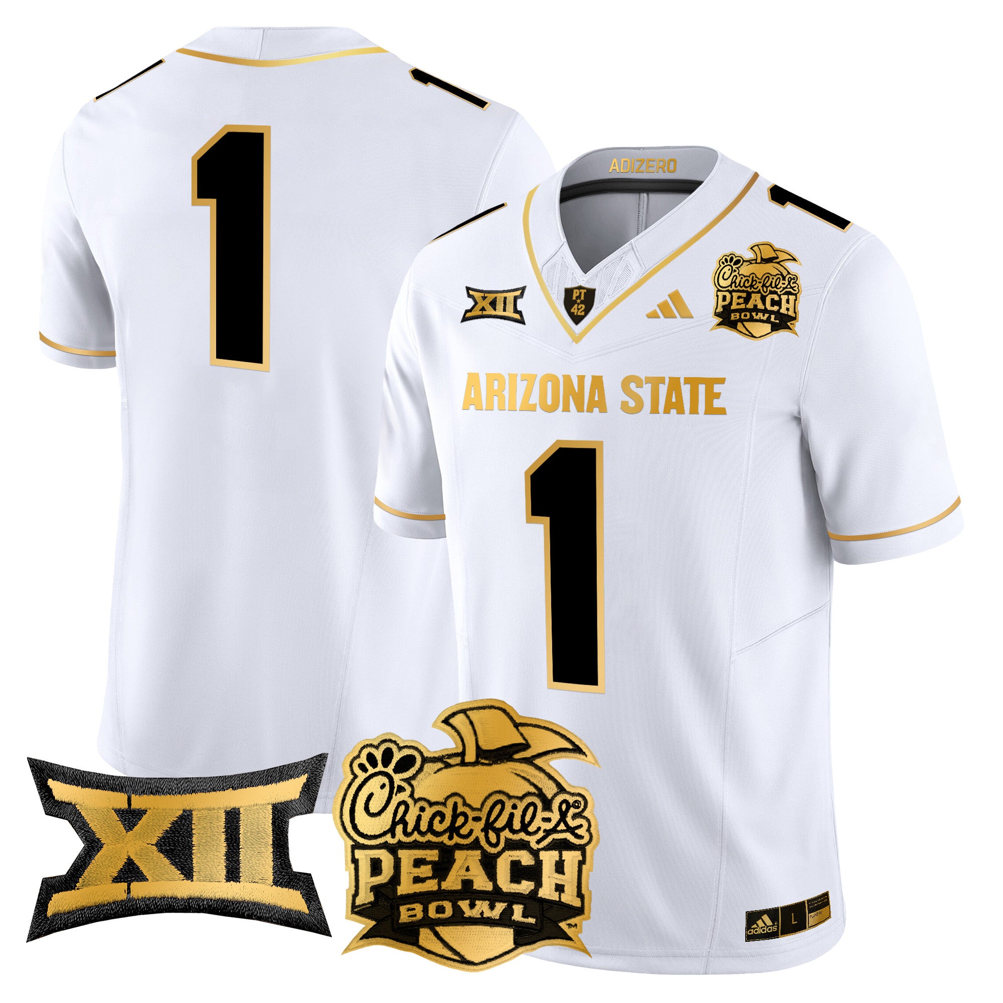 Men's Arizona State Sun Devils 2025 Peach Bowl Gold Vapor Limited Jersey V2 - All Stitched - White Gold, #1 Team