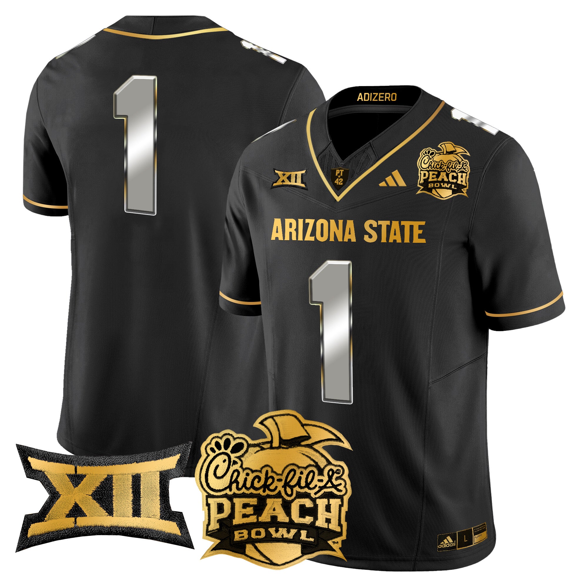 Men's Arizona State Sun Devils 2025 Peach Bowl Gold Vapor Limited Jersey V2 - All Stitched - Black Limited, #1 Team