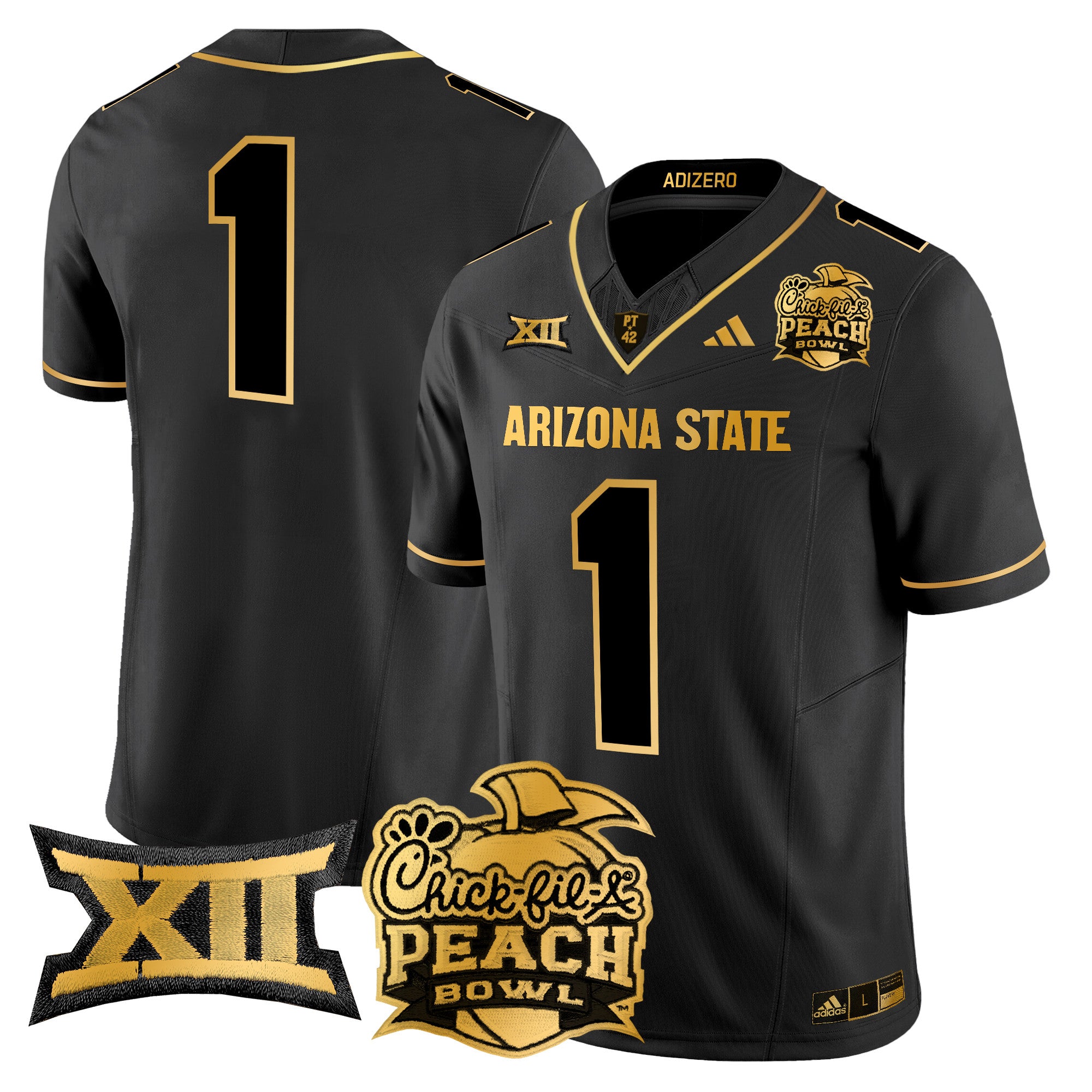 Men's Arizona State Sun Devils 2025 Peach Bowl Gold Vapor Limited Jersey V2 - All Stitched - Black Gold, #1 Team