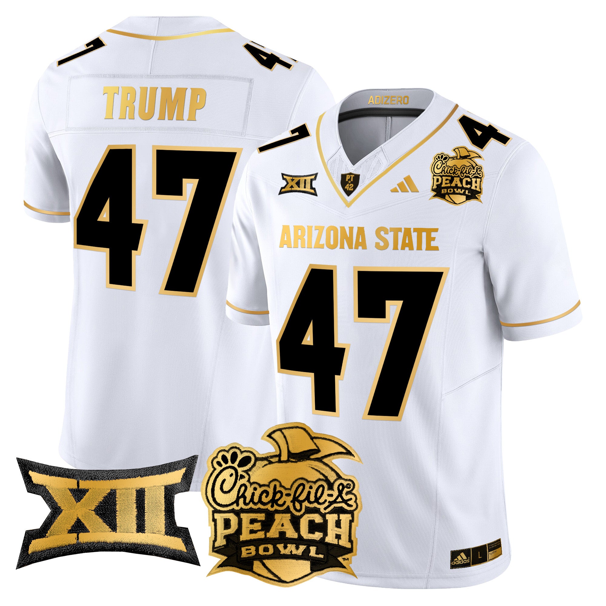 Men's Arizona State Sun Devils 2025 Peach Bowl Gold Vapor Limited Jersey V2 - All Stitched - White Gold, Donald Trump