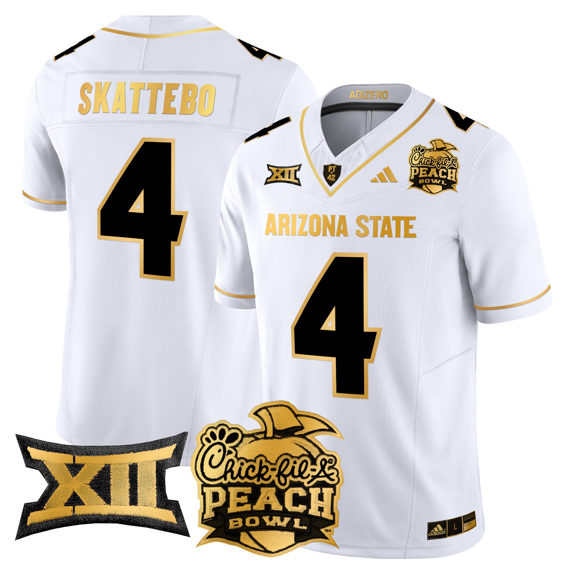 Men's Arizona State Sun Devils 2025 Peach Bowl Gold Vapor Limited Jersey V2 - All Stitched - White Gold, Cam Skattebo