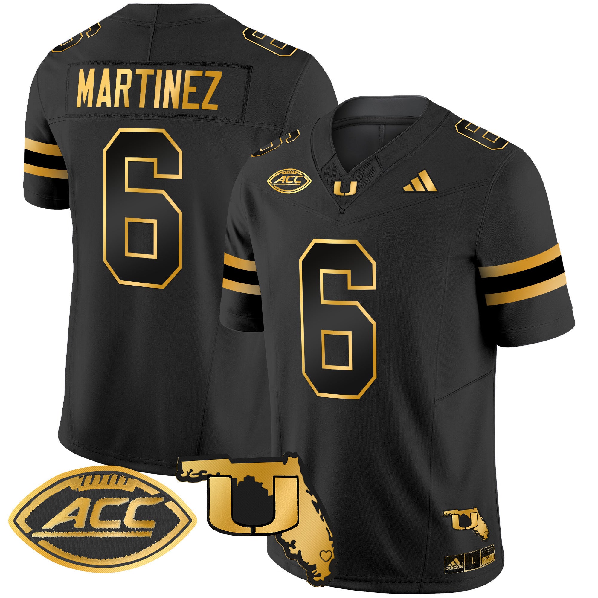 Men's Miami Hurricanes 2024 Florida Patch Gold Vapor Limited Jersey - All Stitched - Black Gold, Damien Martinez