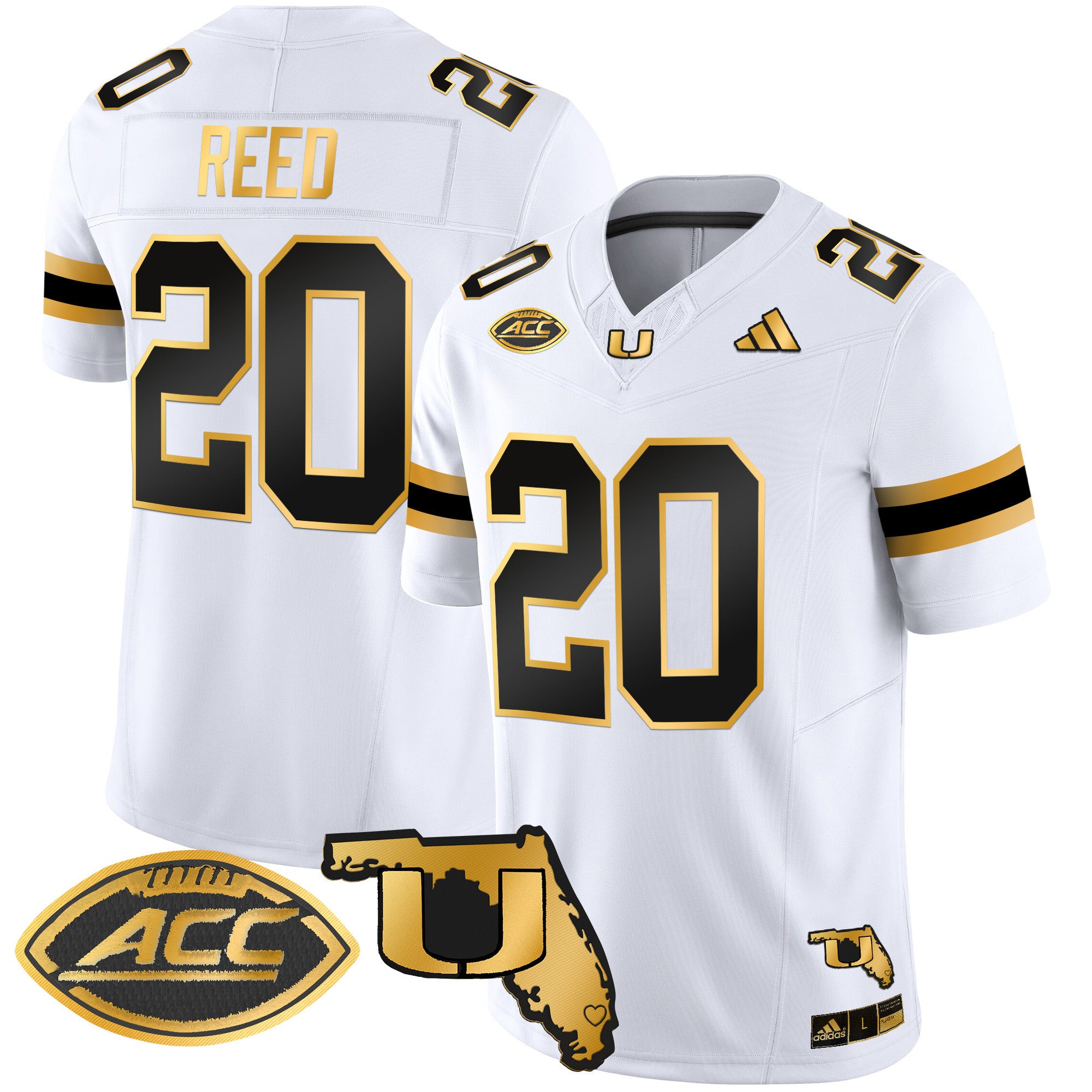 Men's Miami Hurricanes 2024 Florida Patch Gold Vapor Limited Jersey - All Stitched - White Gold, Ed Reed