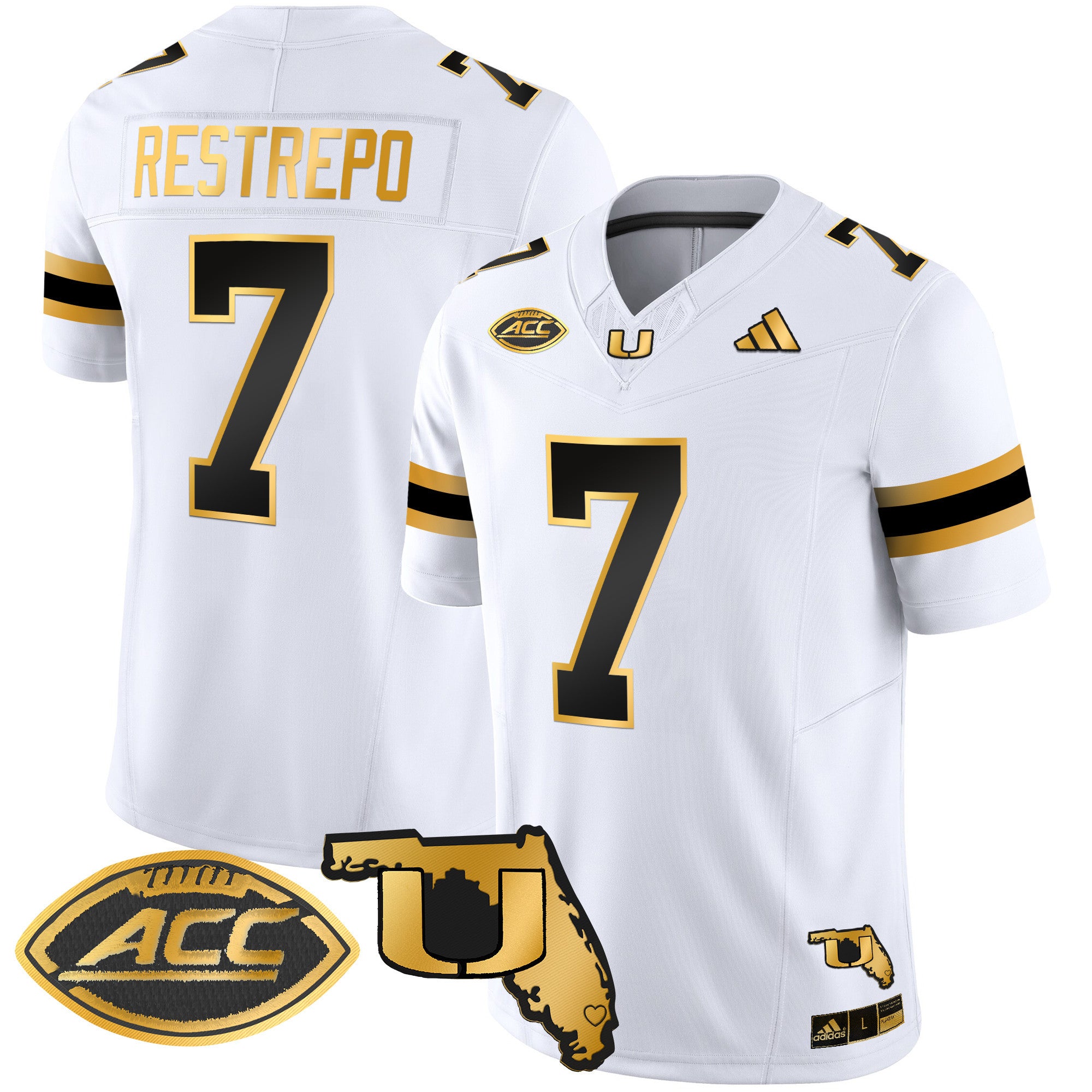 Men's Miami Hurricanes 2024 Florida Patch Gold Vapor Limited Jersey - All Stitched - White Gold, Xavier Restrepo