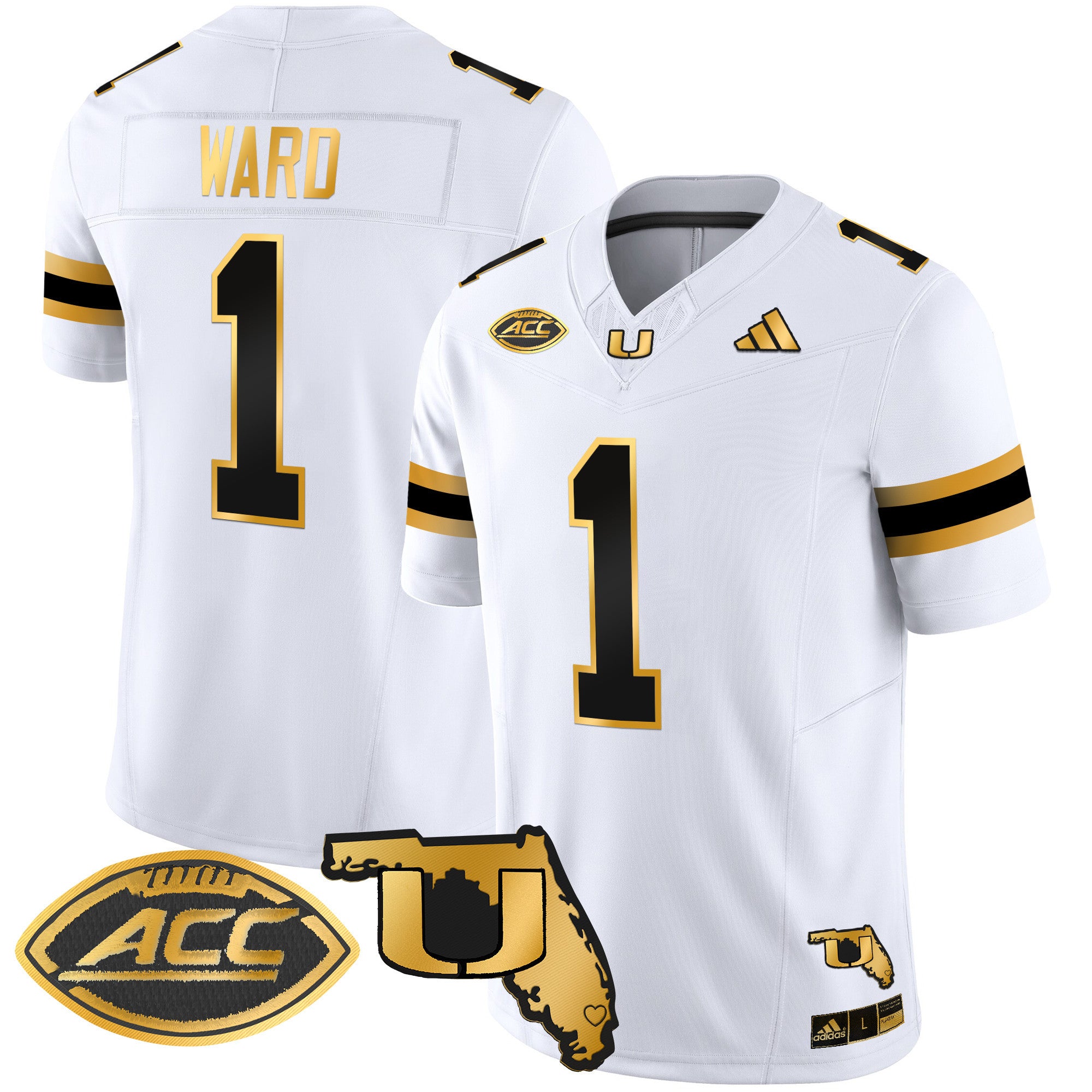 Men's Miami Hurricanes 2024 Florida Patch Gold Vapor Limited Jersey - All Stitched - White Gold, Cam Ward