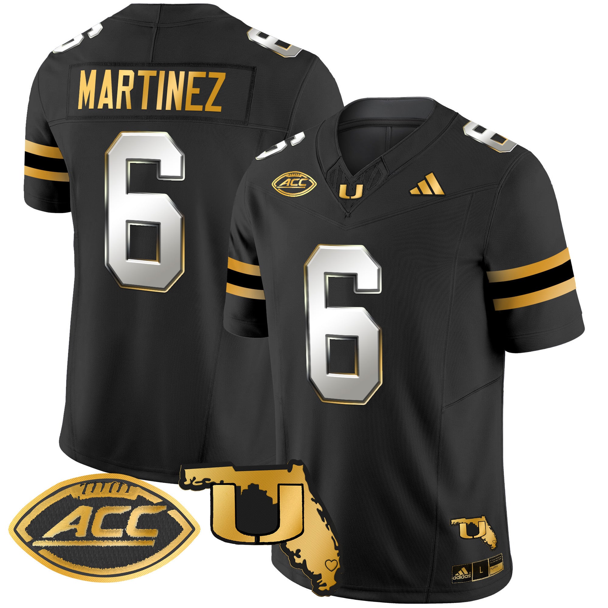 Men's Miami Hurricanes 2024 Florida Patch Gold Vapor Limited Jersey - All Stitched - Black Limited, Damien Martinez
