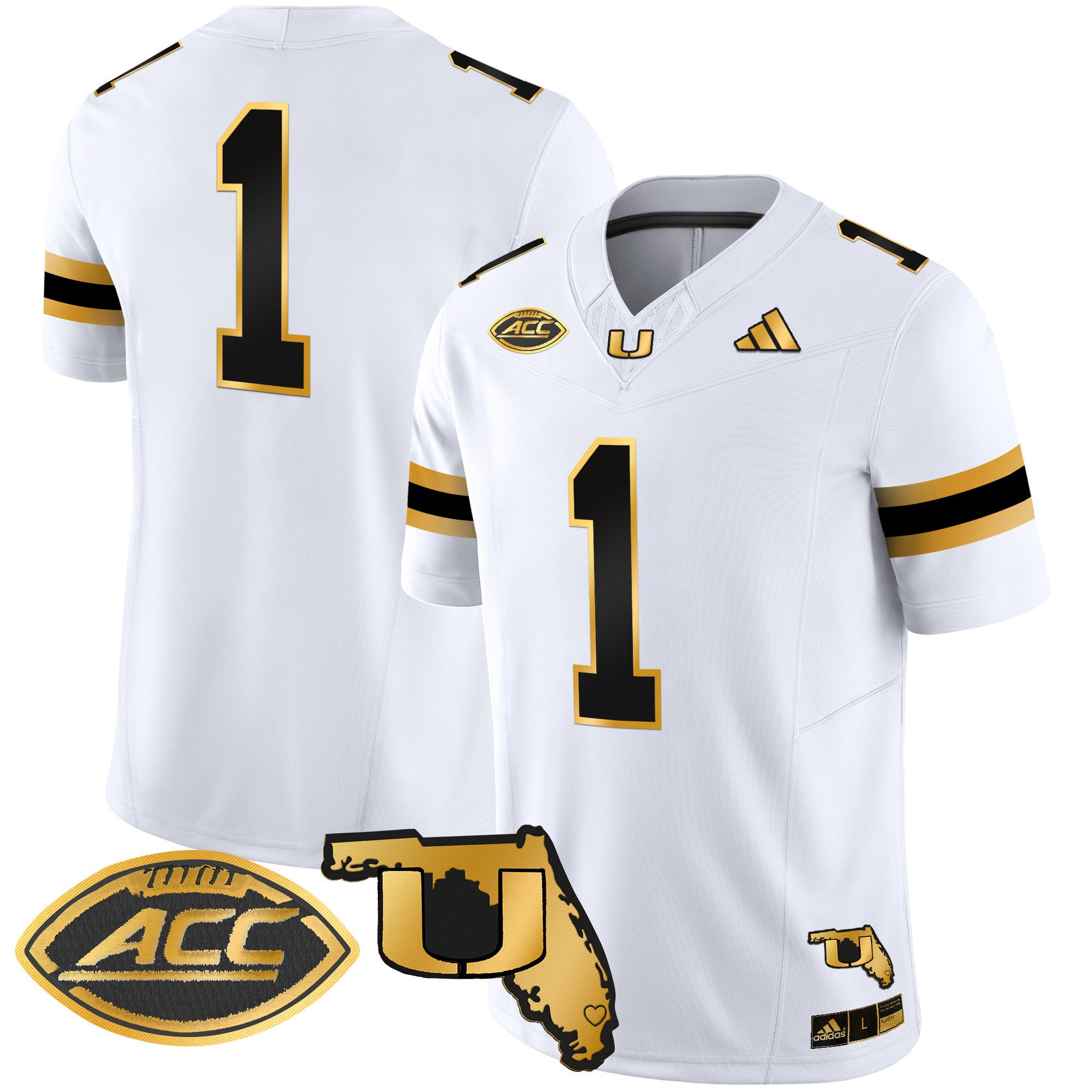 Men's Miami Hurricanes 2024 Florida Patch Gold Vapor Limited Jersey - All Stitched - White Gold, #1 Team