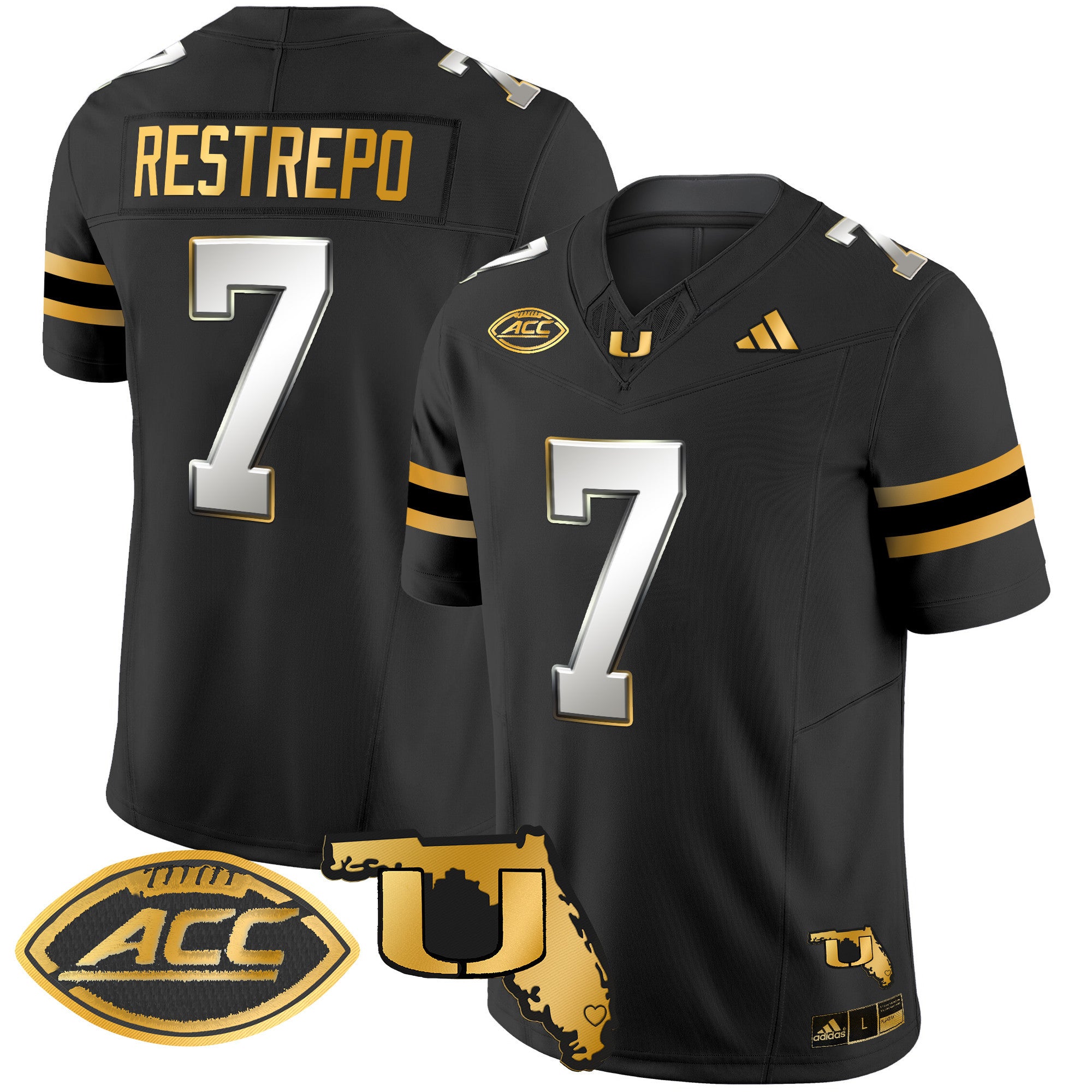 Men's Miami Hurricanes 2024 Florida Patch Gold Vapor Limited Jersey - All Stitched - Black Limited, Xavier Restrepo