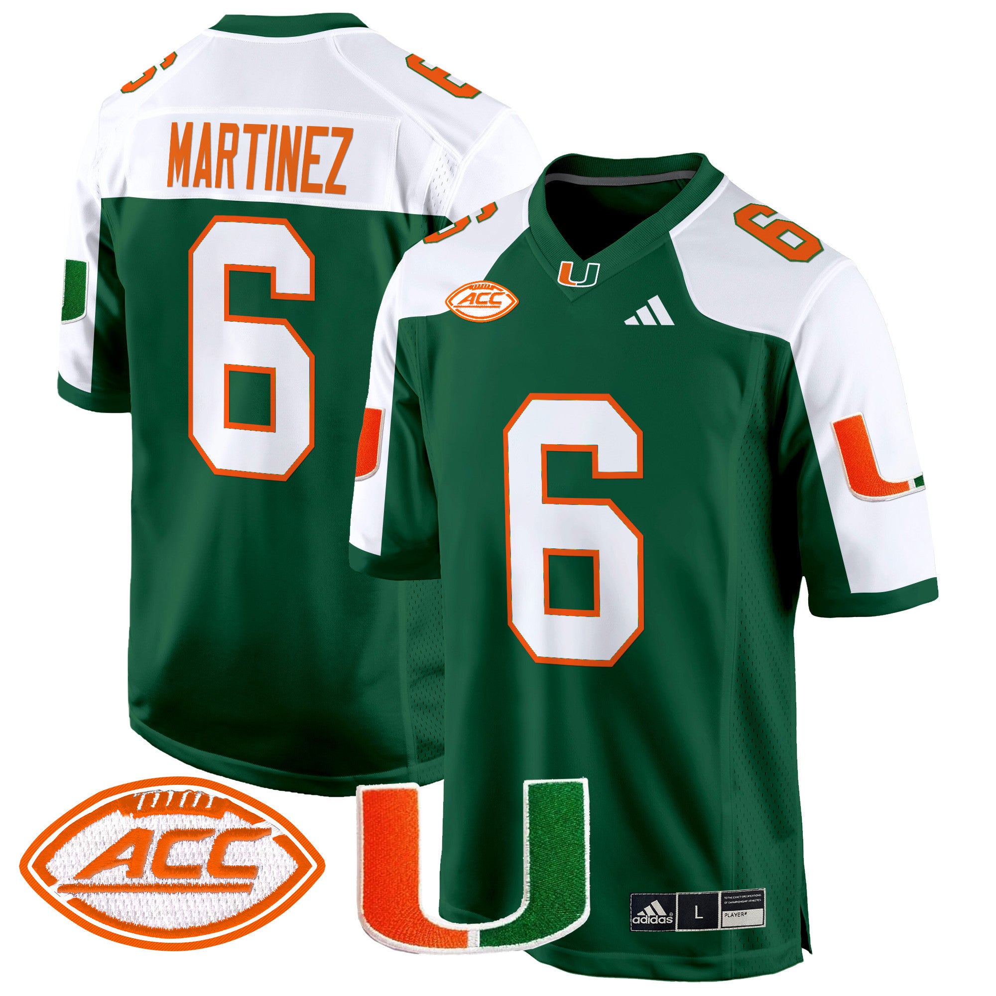 Men's Miami Hurricanes 2024 Game Jersey - All Stitched - Green Alternate, Damien Martinez