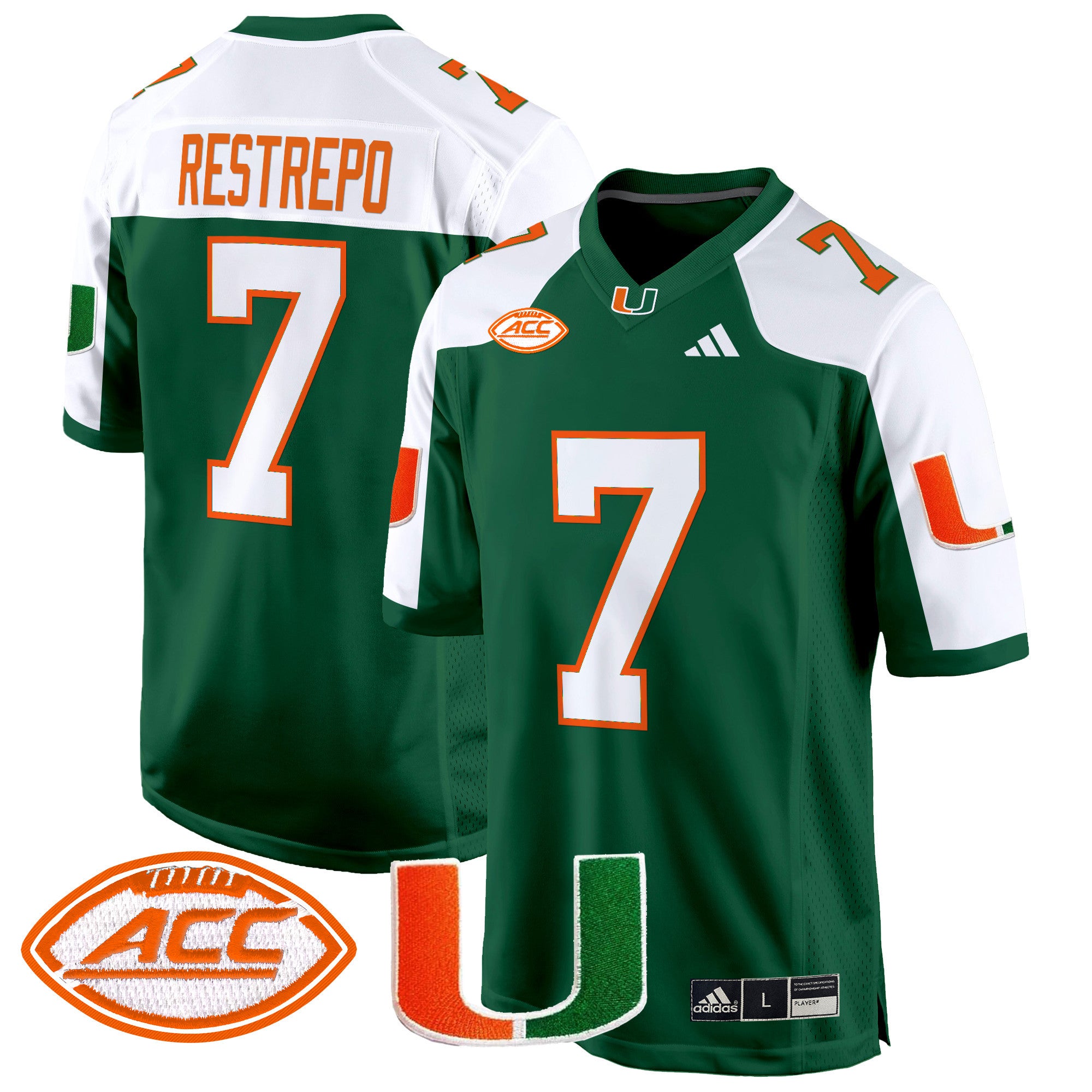 Men's Miami Hurricanes 2024 Game Jersey - All Stitched - Green Alternate, Xavier Restrepo