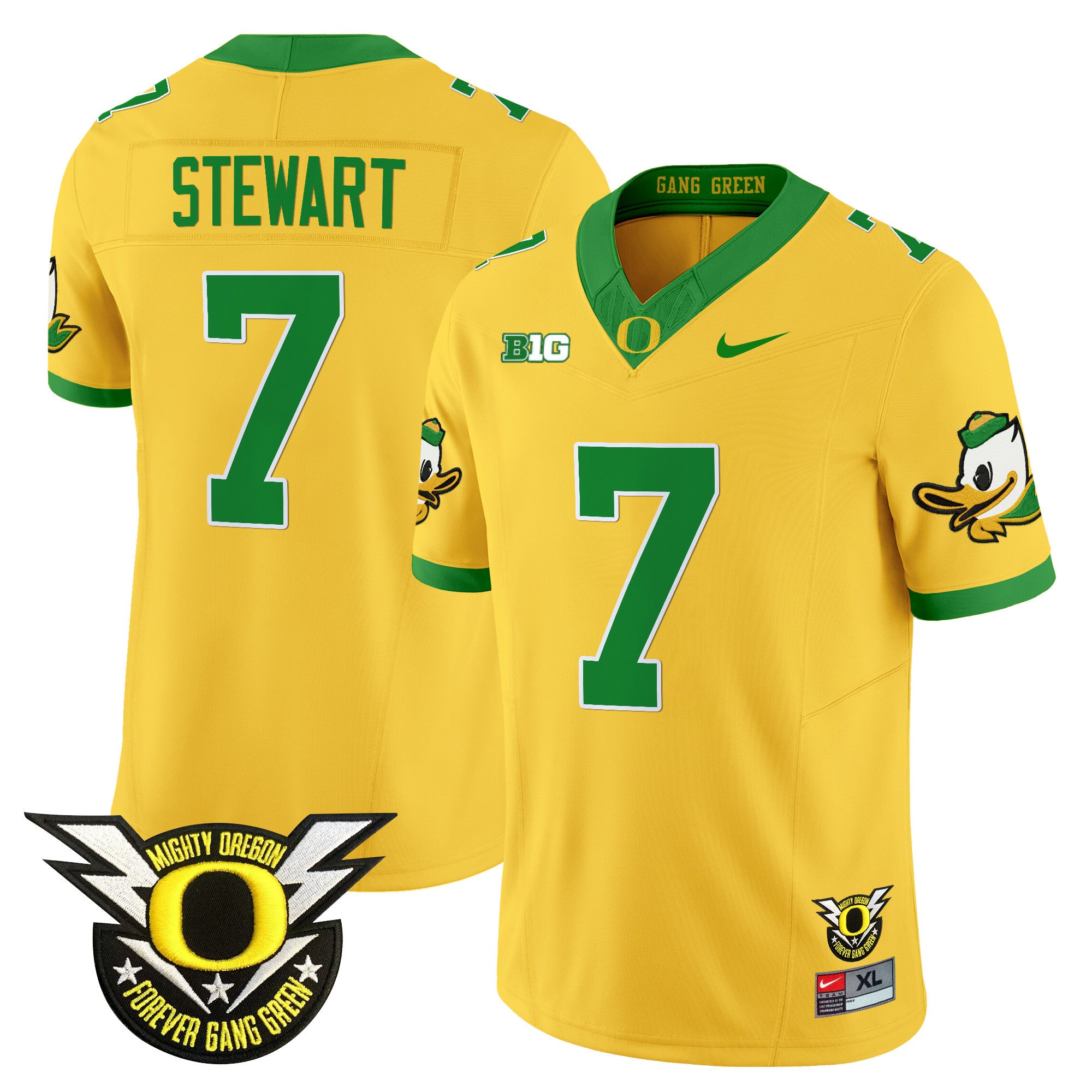 Men's Oregon Ducks 2024 BIG & Forever Gang Green Patch Vapor Limited Jersey - All Stitched - Gold, Evan Stewart