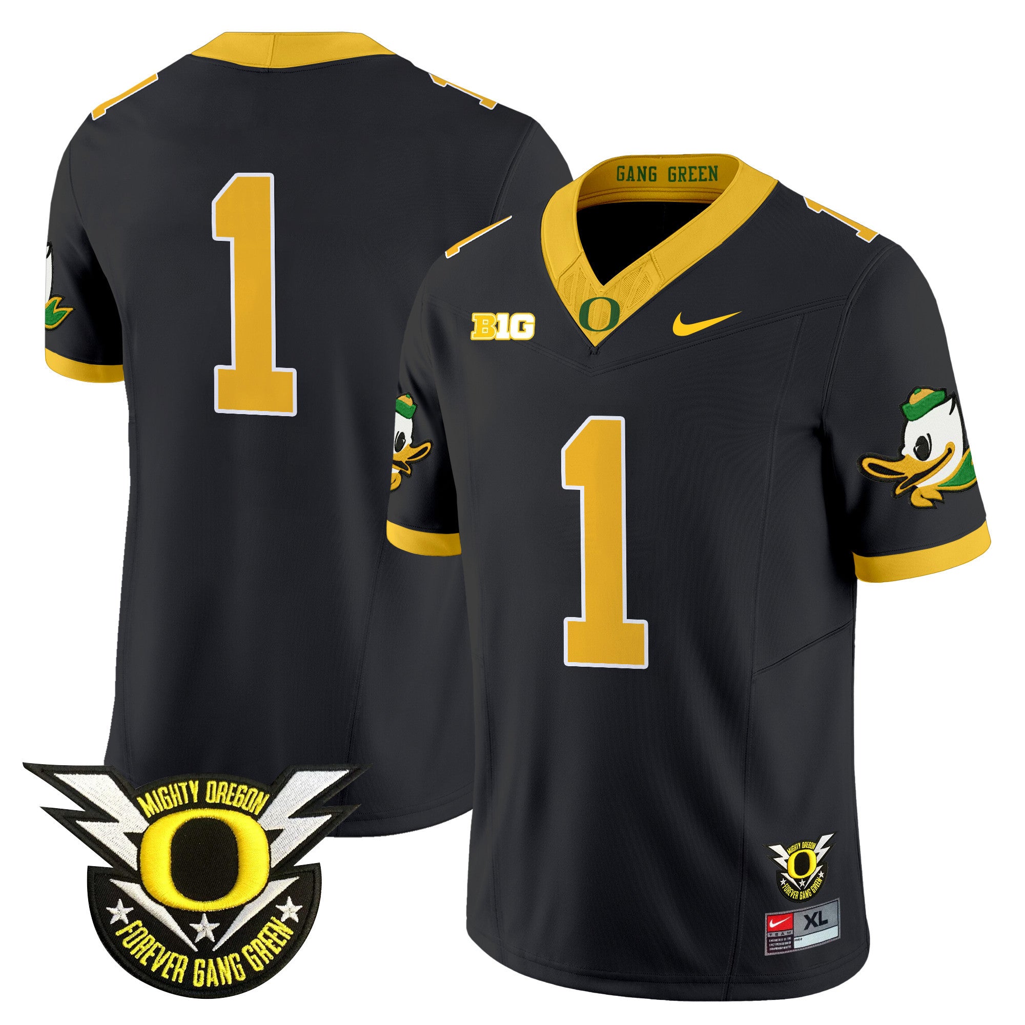 Men's Oregon Ducks 2024 BIG & Forever Gang Green Patch Vapor Limited Jersey - All Stitched - Black, #1 Team