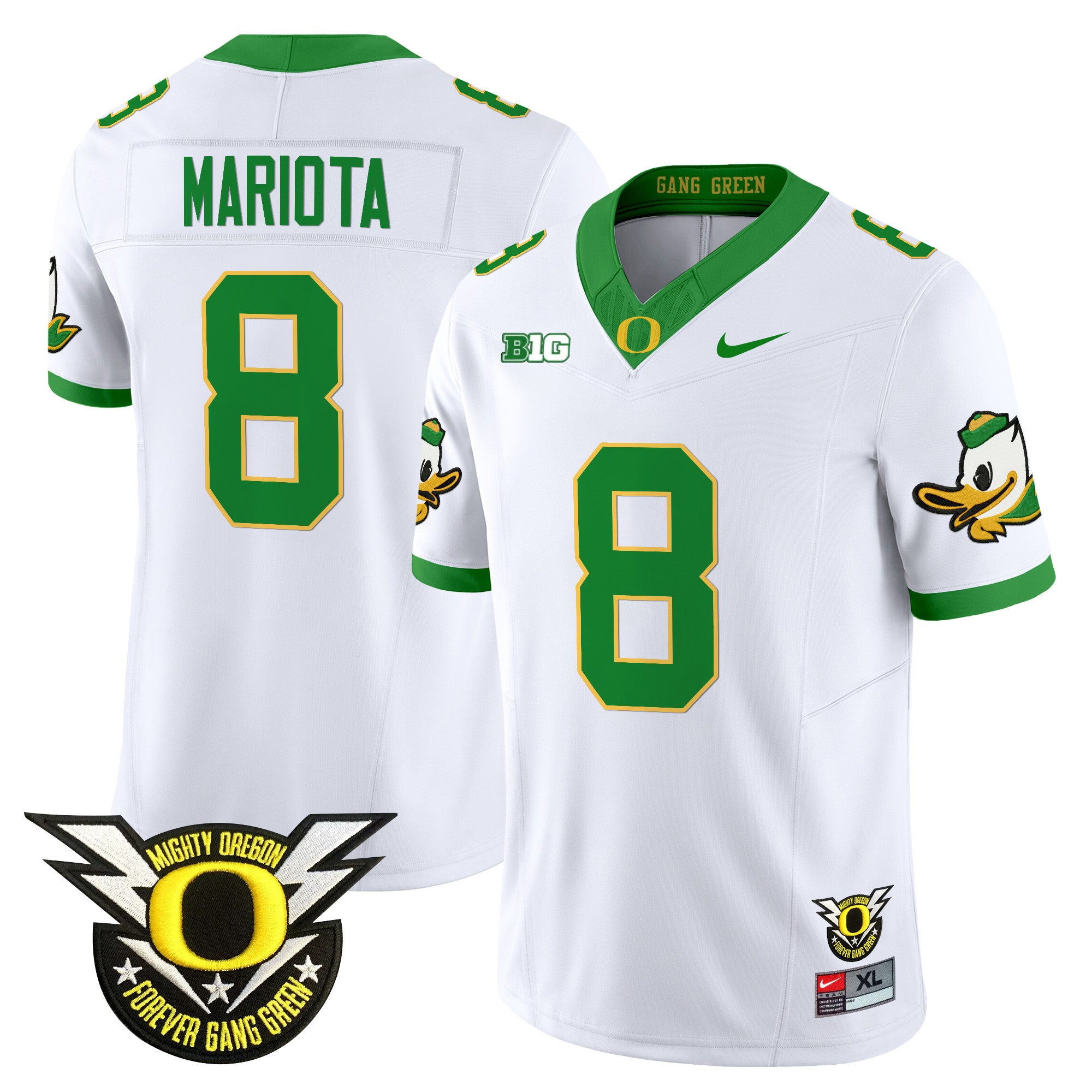 Men's Oregon Ducks 2024 BIG & Forever Gang Green Patch Vapor Limited Jersey - All Stitched - White, Marcus Mariota