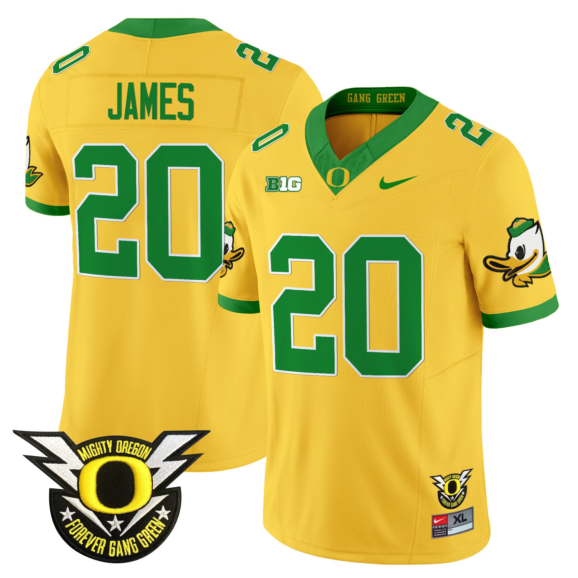 Men's Oregon Ducks 2024 BIG & Forever Gang Green Patch Vapor Limited Jersey - All Stitched - Gold, Jordan James