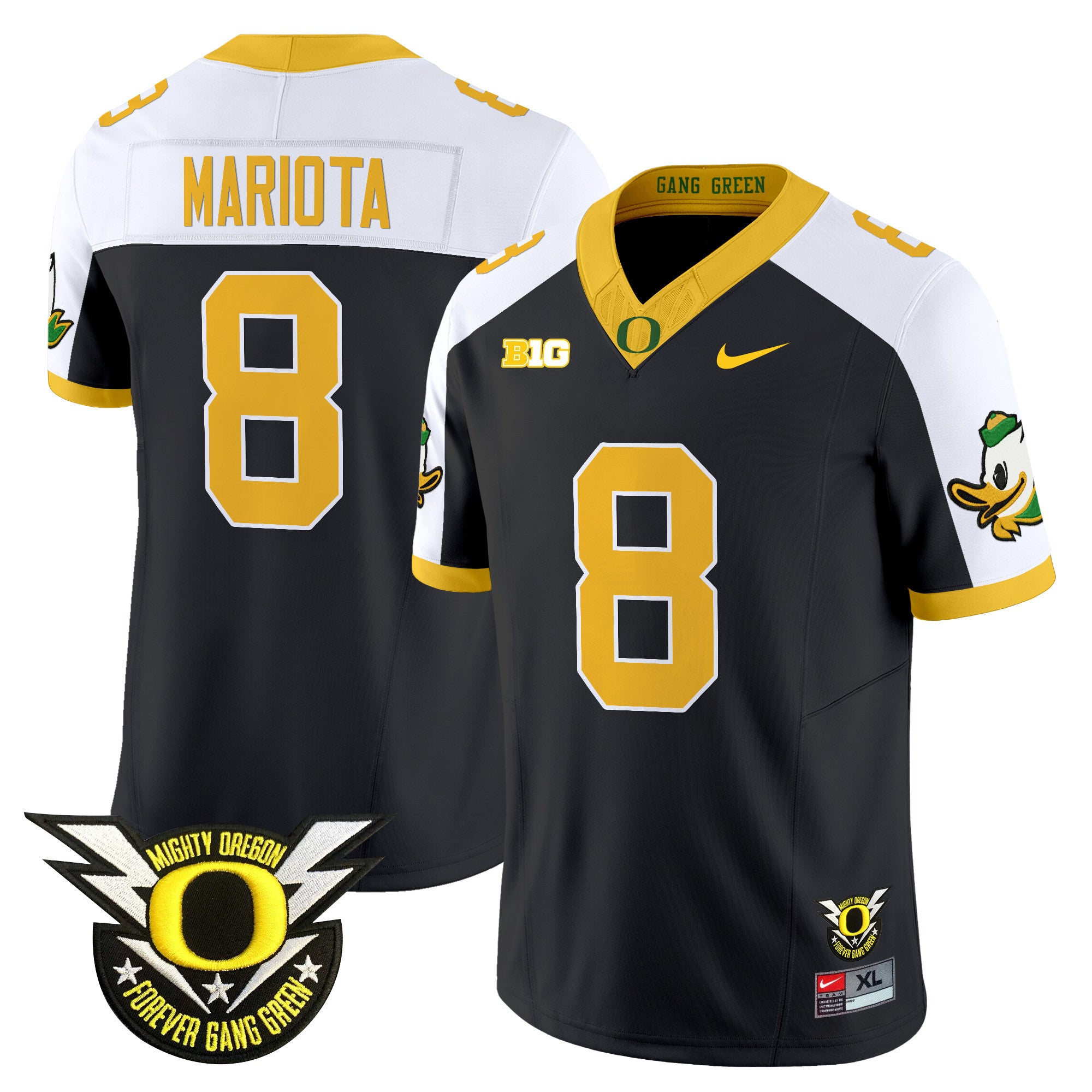 Men's Oregon Ducks 2024 BIG & Forever Gang Green Patch Vapor Limited Jersey - All Stitched - Black Alternate, Marcus Mariota
