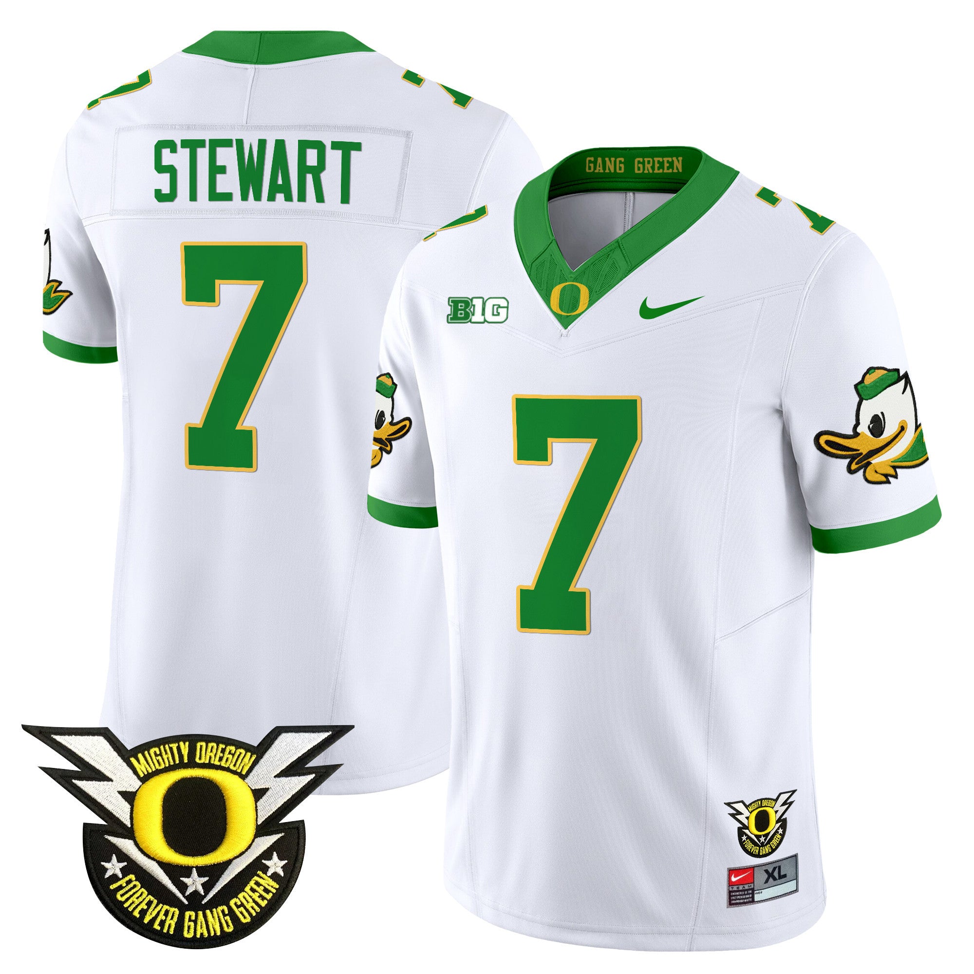 Men's Oregon Ducks 2024 BIG & Forever Gang Green Patch Vapor Limited Jersey - All Stitched - White, Evan Stewart