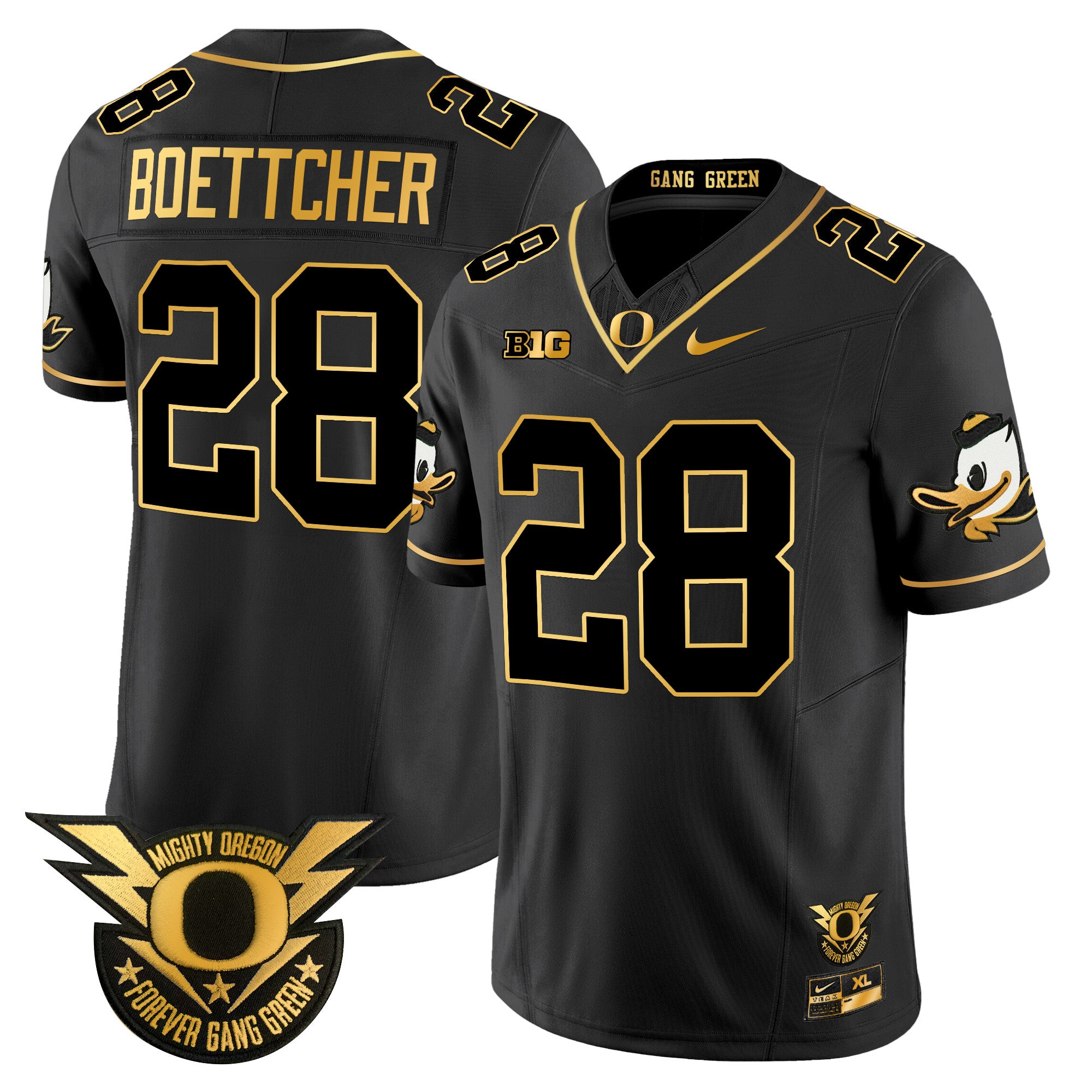 Men's Oregon Ducks 2024 Forever Gang Green & BIG Patch Gold Vapor Limited Jersey - All Stitched - Black Gold, Bryce Boettcher