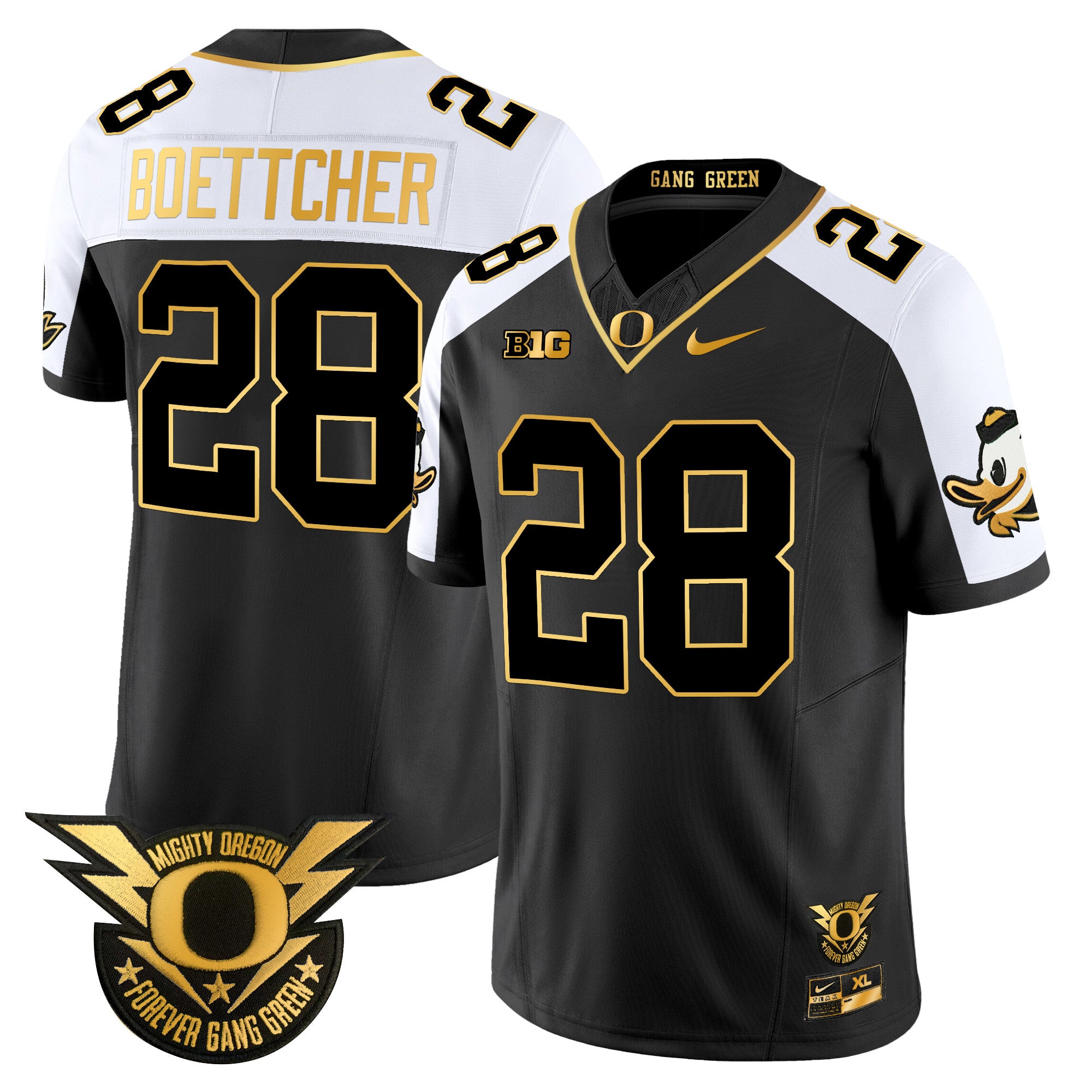 Men's Oregon Ducks 2024 Forever Gang Green & BIG Patch Gold Vapor Limited Jersey - All Stitched - Alternate, Bryce Boettcher