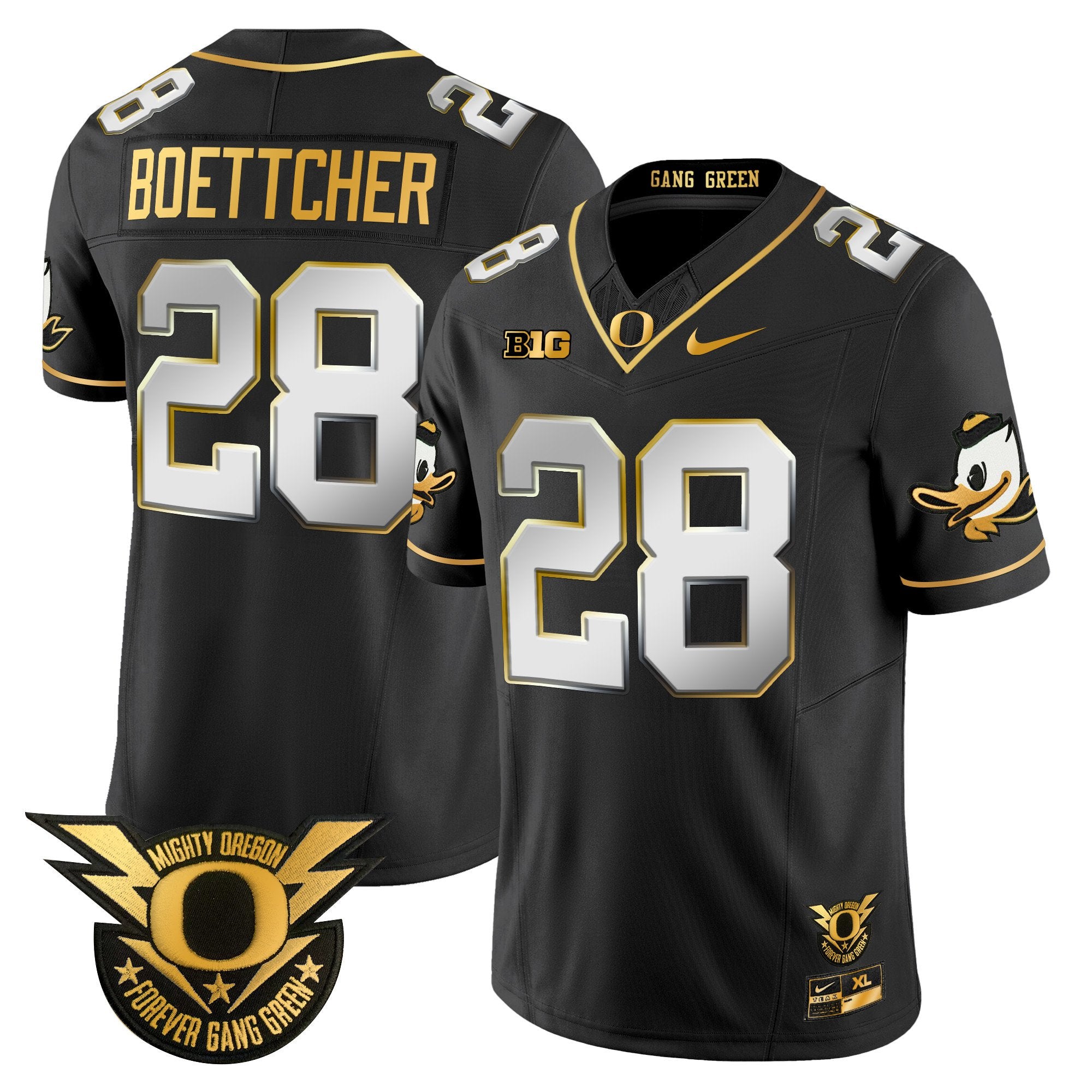 Men's Oregon Ducks 2024 Forever Gang Green & BIG Patch Gold Vapor Limited Jersey - All Stitched - Black Limited, Bryce Boettcher