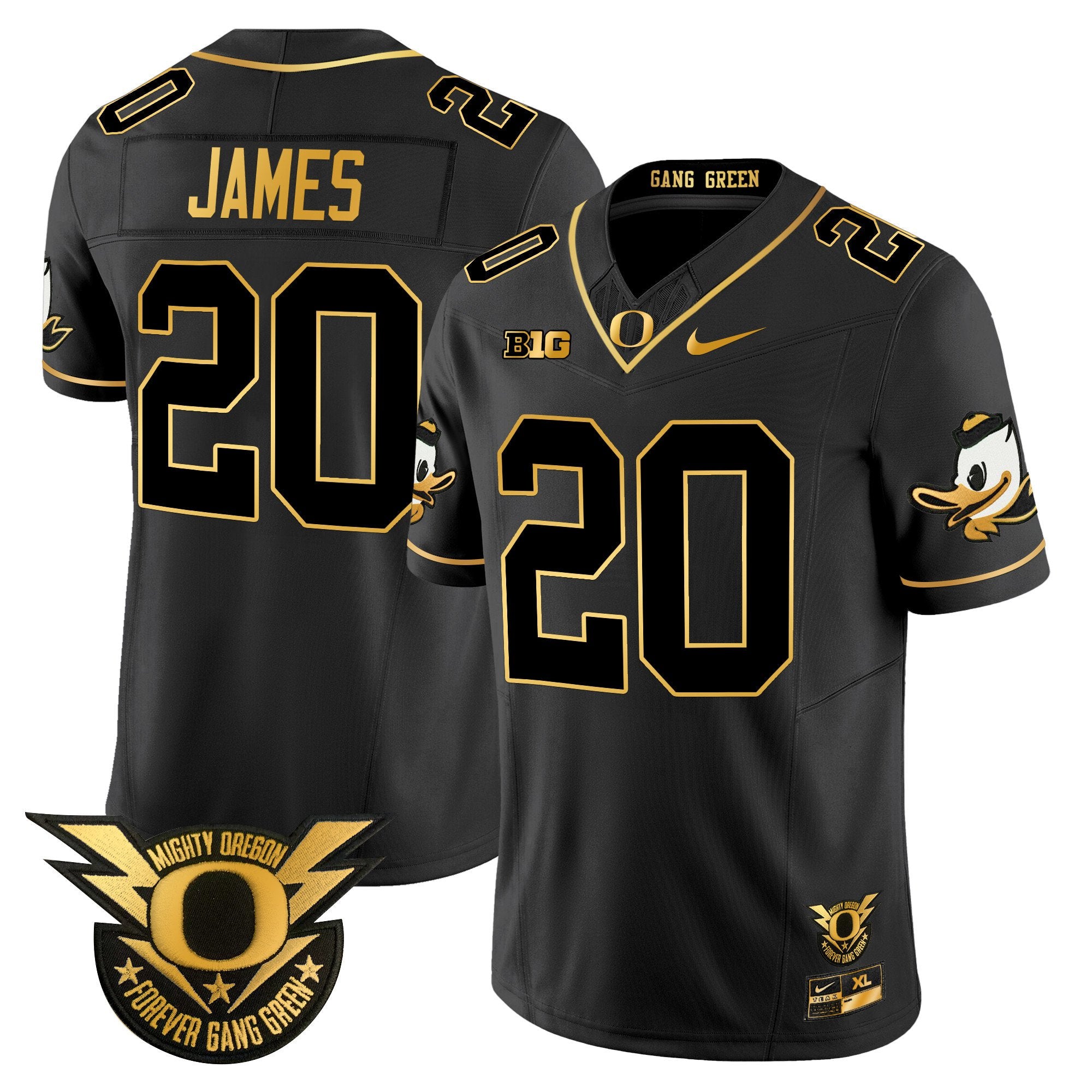 Men's Oregon Ducks 2024 Forever Gang Green & BIG Patch Gold Vapor Limited Jersey - All Stitched - Black Gold, Jordan James