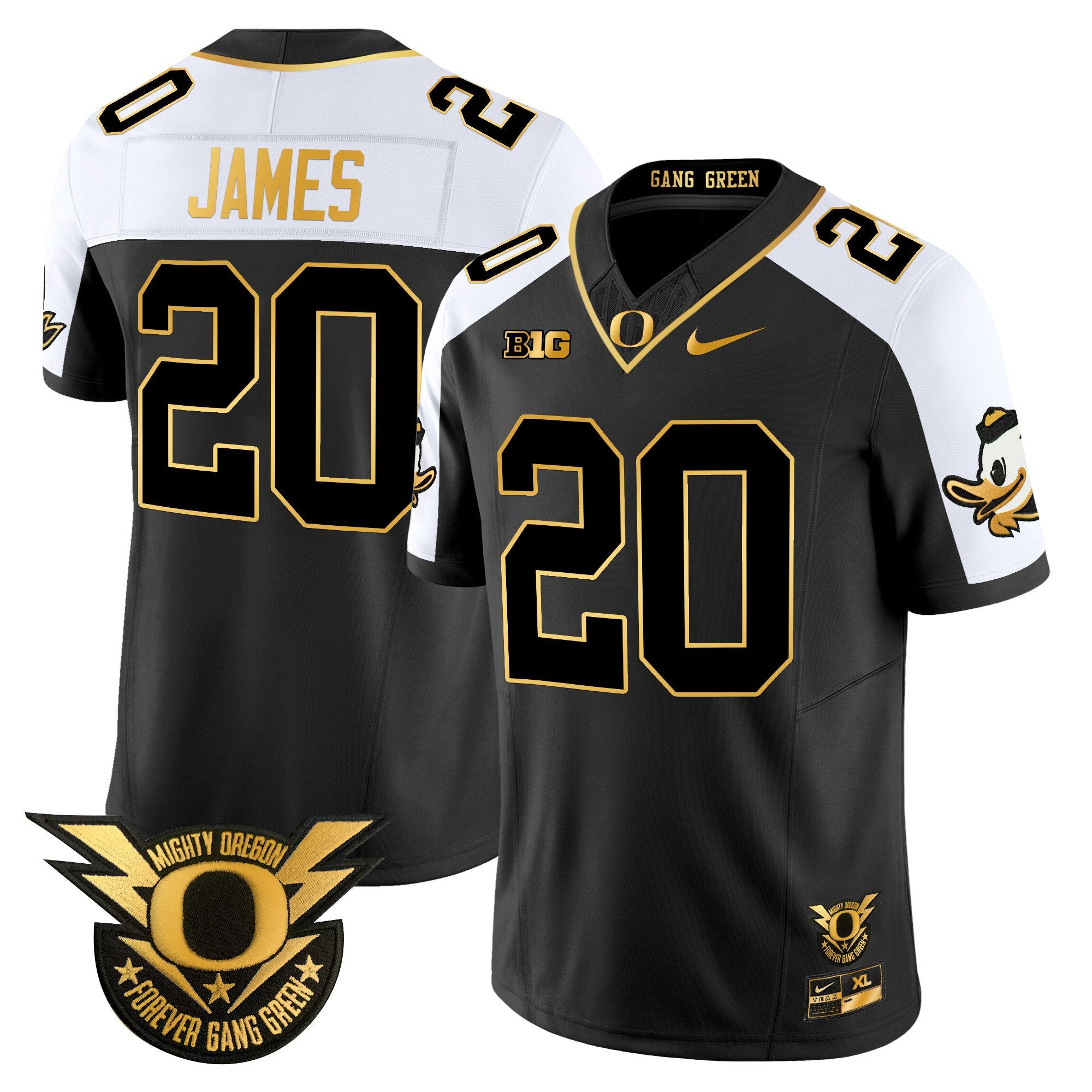 Men's Oregon Ducks 2024 Forever Gang Green & BIG Patch Gold Vapor Limited Jersey - All Stitched - Alternate, Jordan James