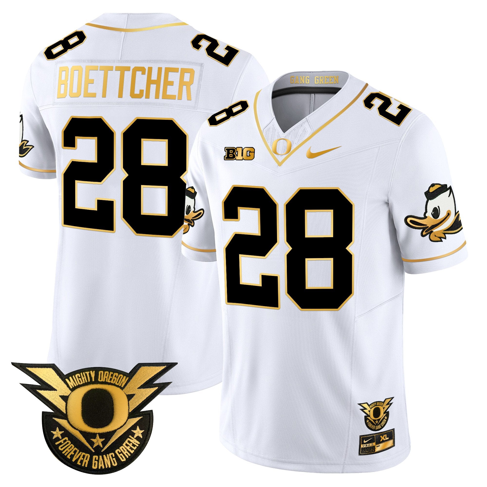 Men's Oregon Ducks 2024 Forever Gang Green & BIG Patch Gold Vapor Limited Jersey - All Stitched - White Gold, Bryce Boettcher