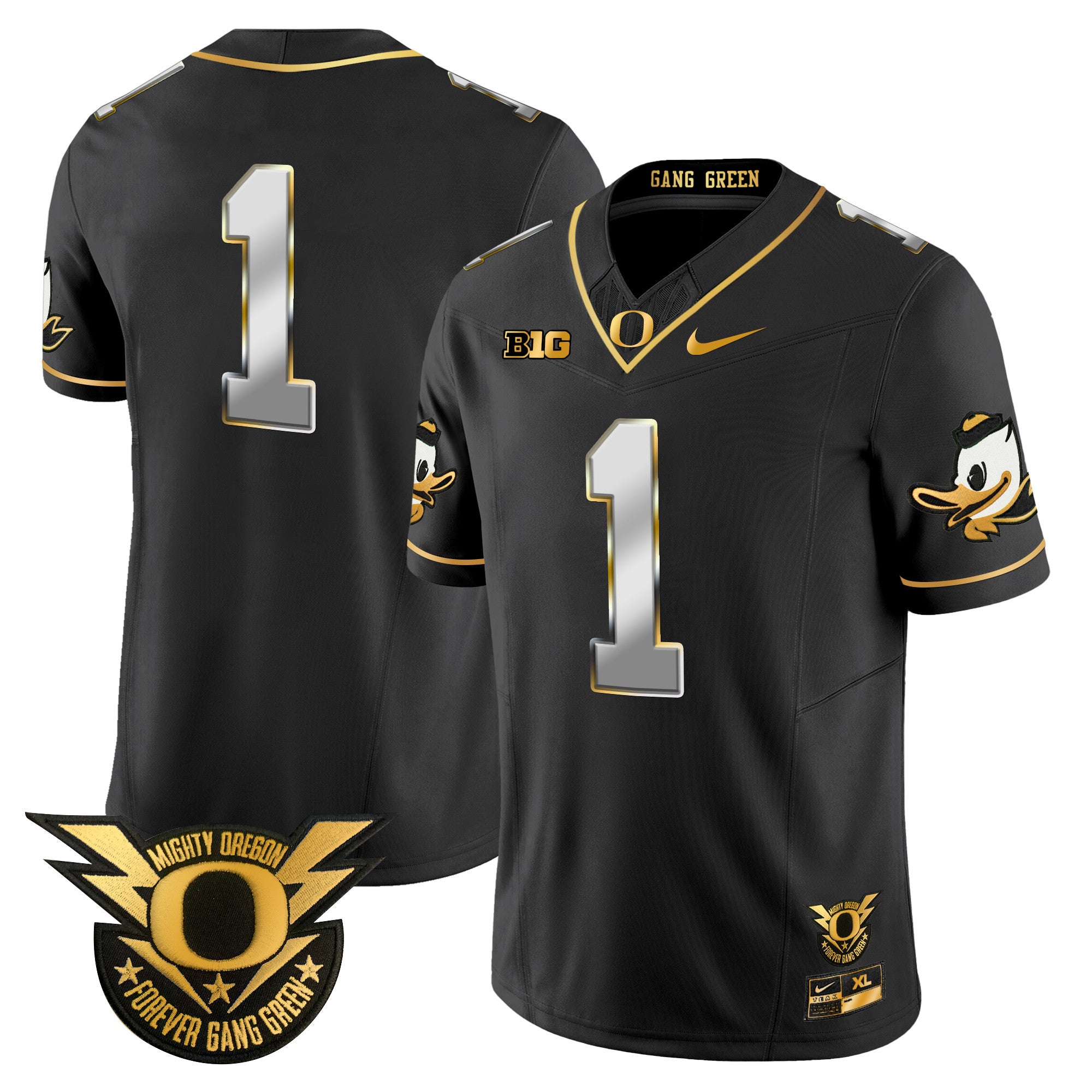 Men's Oregon Ducks 2024 Forever Gang Green & BIG Patch Gold Vapor Limited Jersey - All Stitched - Black Limited, #1 Team