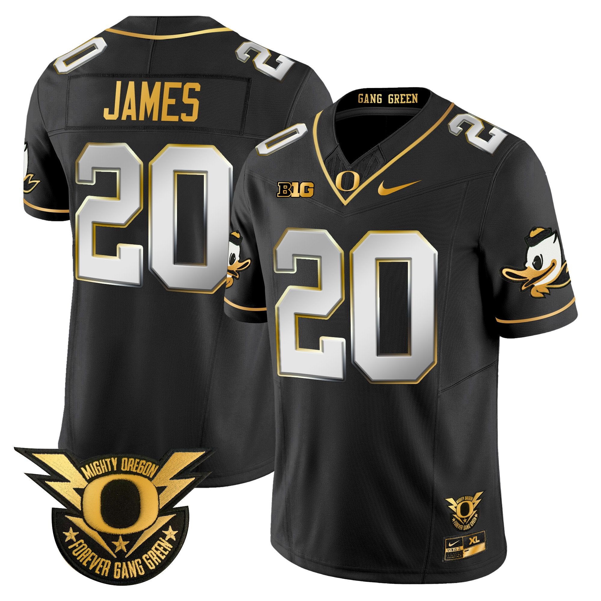 Men's Oregon Ducks 2024 Forever Gang Green & BIG Patch Gold Vapor Limited Jersey - All Stitched - Black Limited, Jordan James