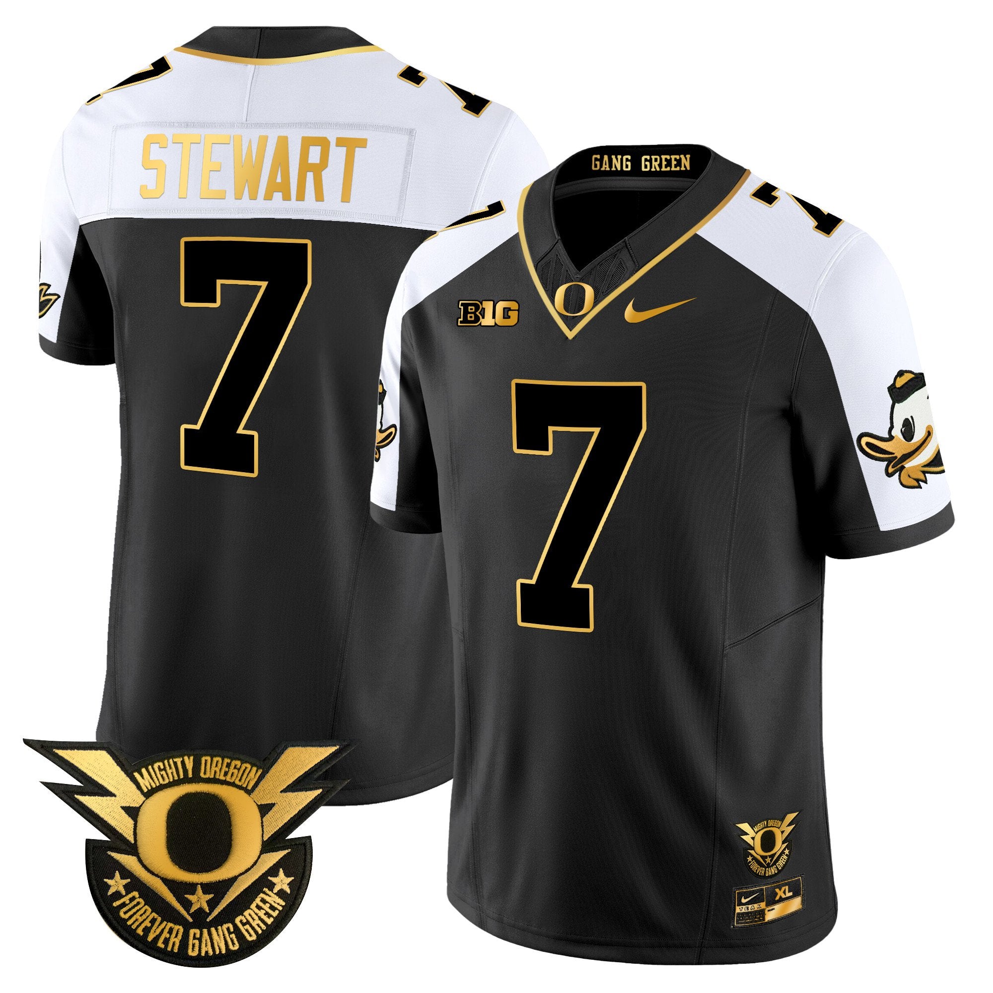 Men's Oregon Ducks 2024 Forever Gang Green & BIG Patch Gold Vapor Limited Jersey - All Stitched - Alternate, Evan Stewart