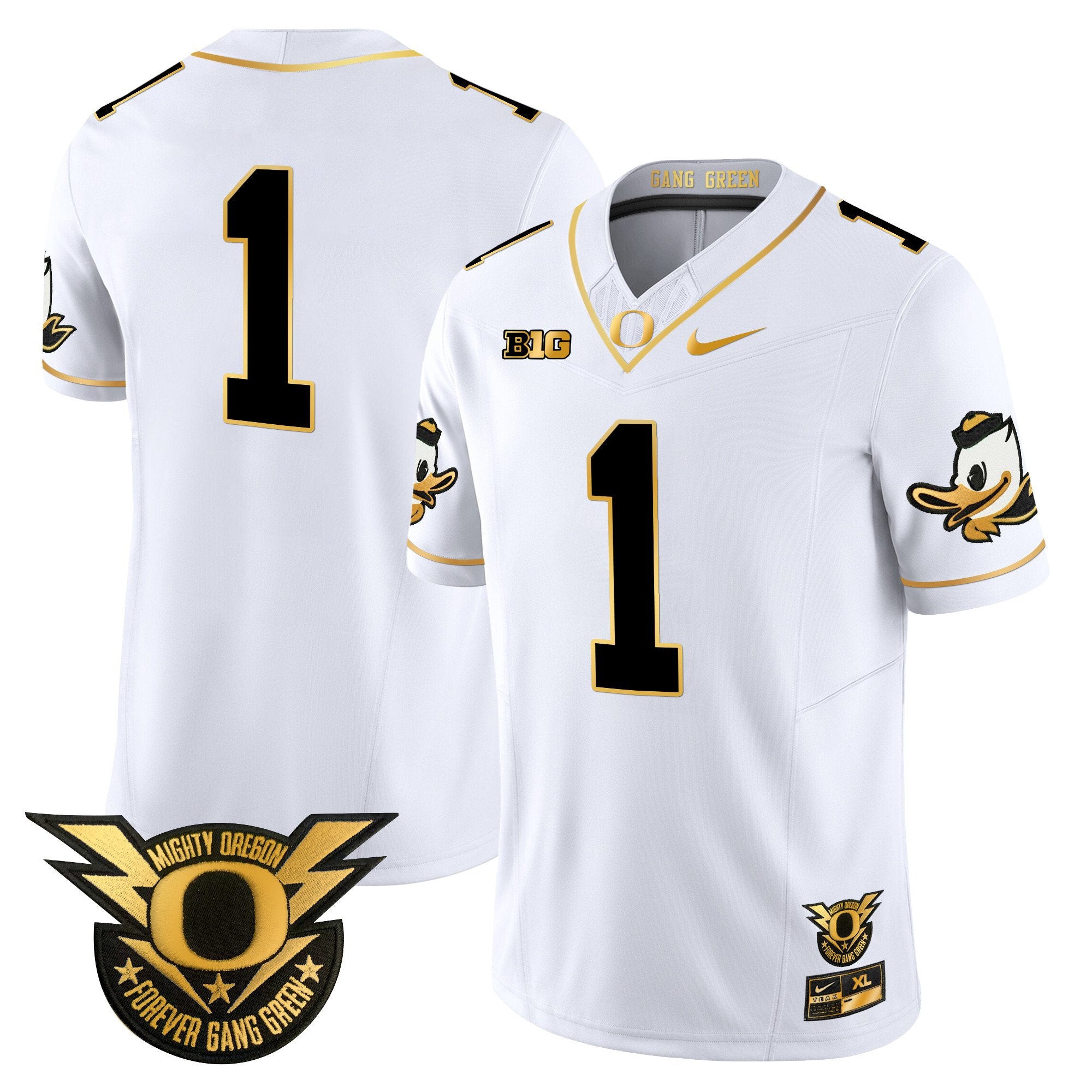 Men's Oregon Ducks 2024 Forever Gang Green & BIG Patch Gold Vapor Limited Jersey - All Stitched - White Gold, #1 Team