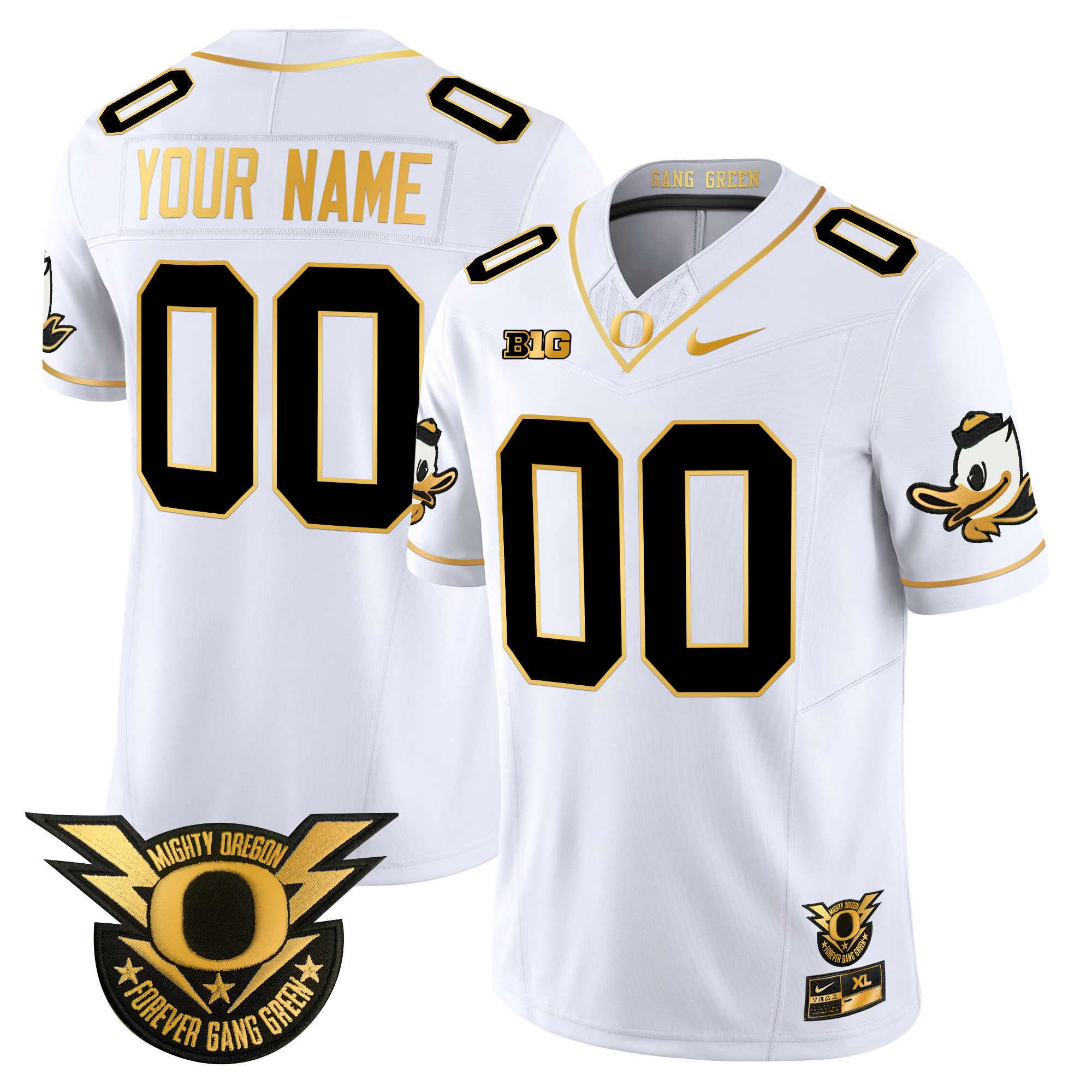 Oregon Ducks 2024 Forever Gang Green & BIG Patch Gold Vapor Limited Custom Jersey - All Stitched - Men, White Gold