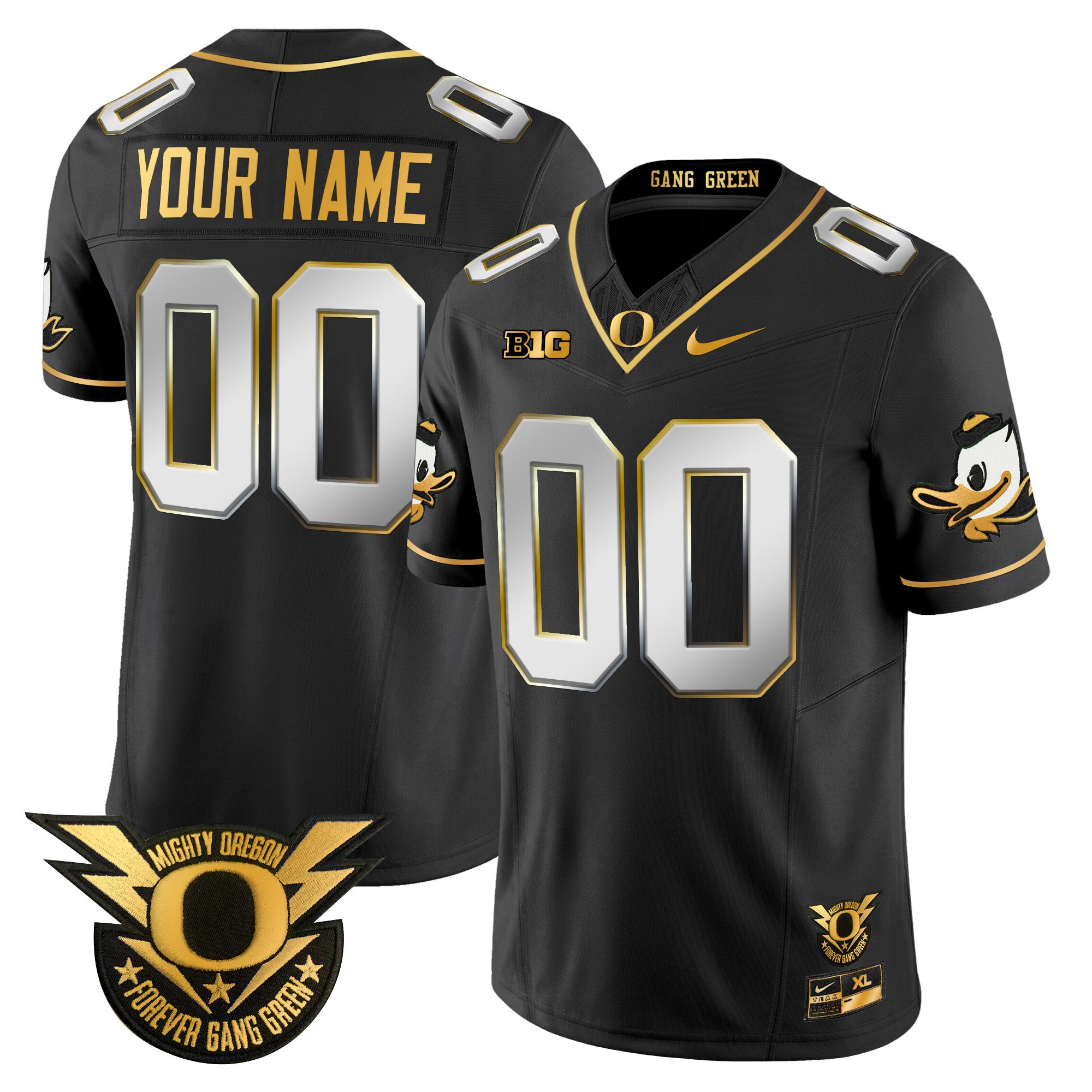 Oregon Ducks 2024 Forever Gang Green & BIG Patch Gold Vapor Limited Custom Jersey - All Stitched - Men, Black Limited