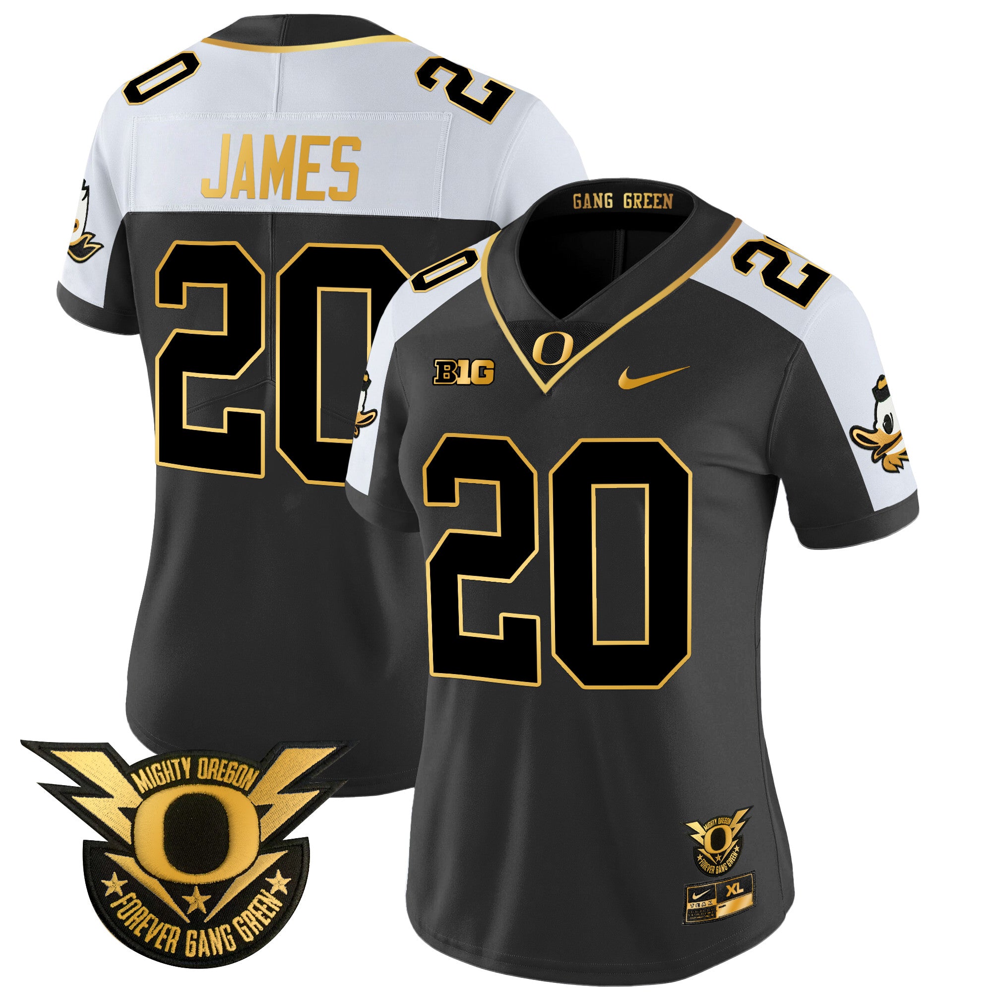 Women's Oregon Ducks 2024 Forever Gang Green & BIG Patch Gold Vapor Limited Jersey - All Stitched - Alternate, Jordan James