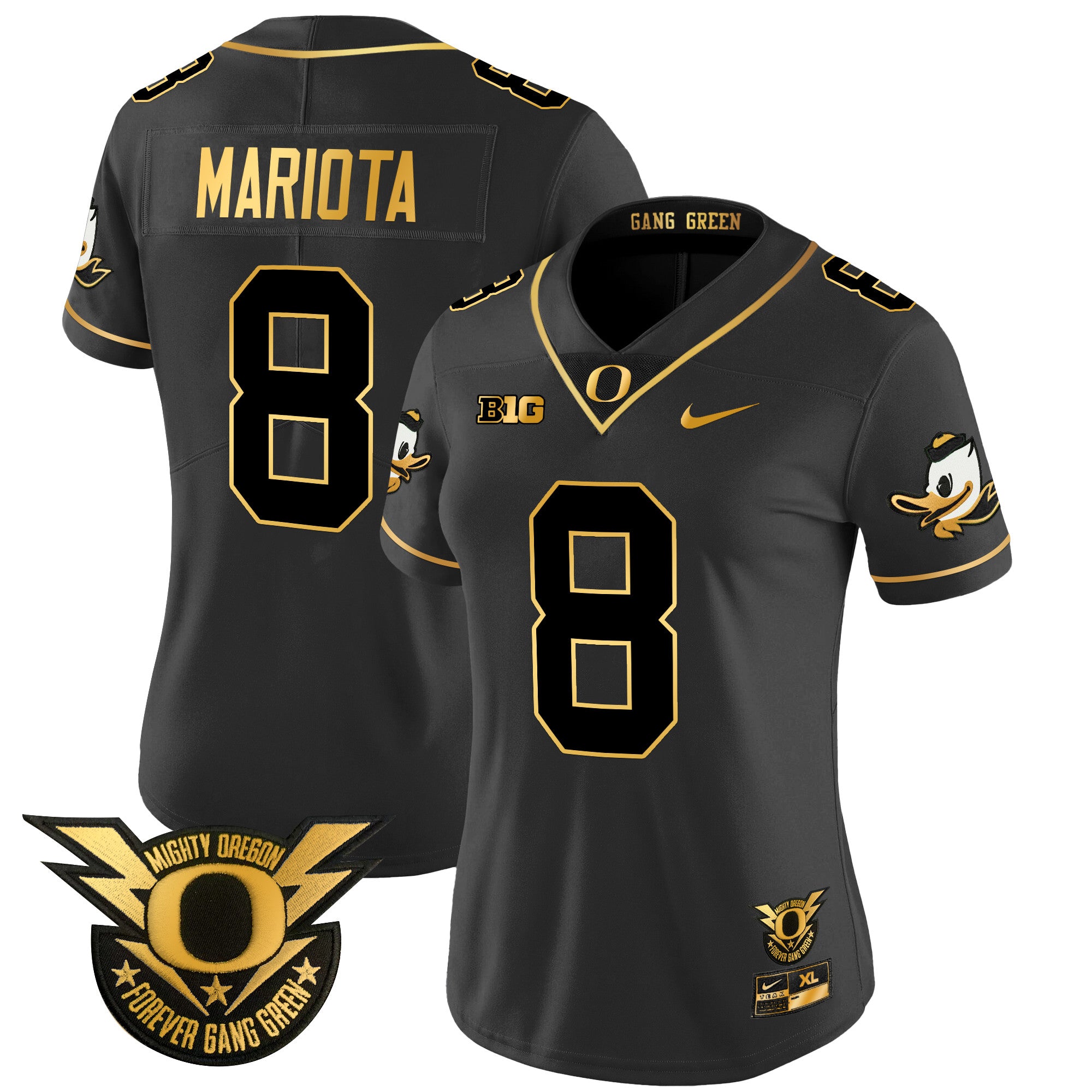 Women's Oregon Ducks 2024 Forever Gang Green & BIG Patch Gold Vapor Limited Jersey - All Stitched - Black Gold, Marcus Mariota