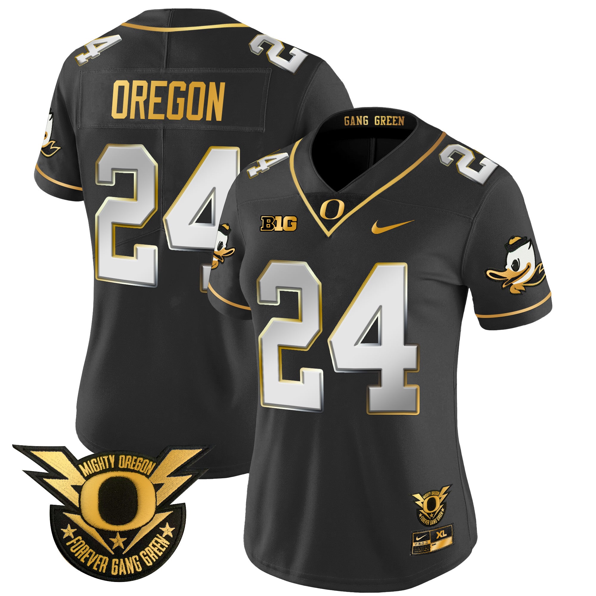 Women's Oregon Ducks 2024 Forever Gang Green & BIG Patch Gold Vapor Limited Jersey - All Stitched - Black Limited, Oregon