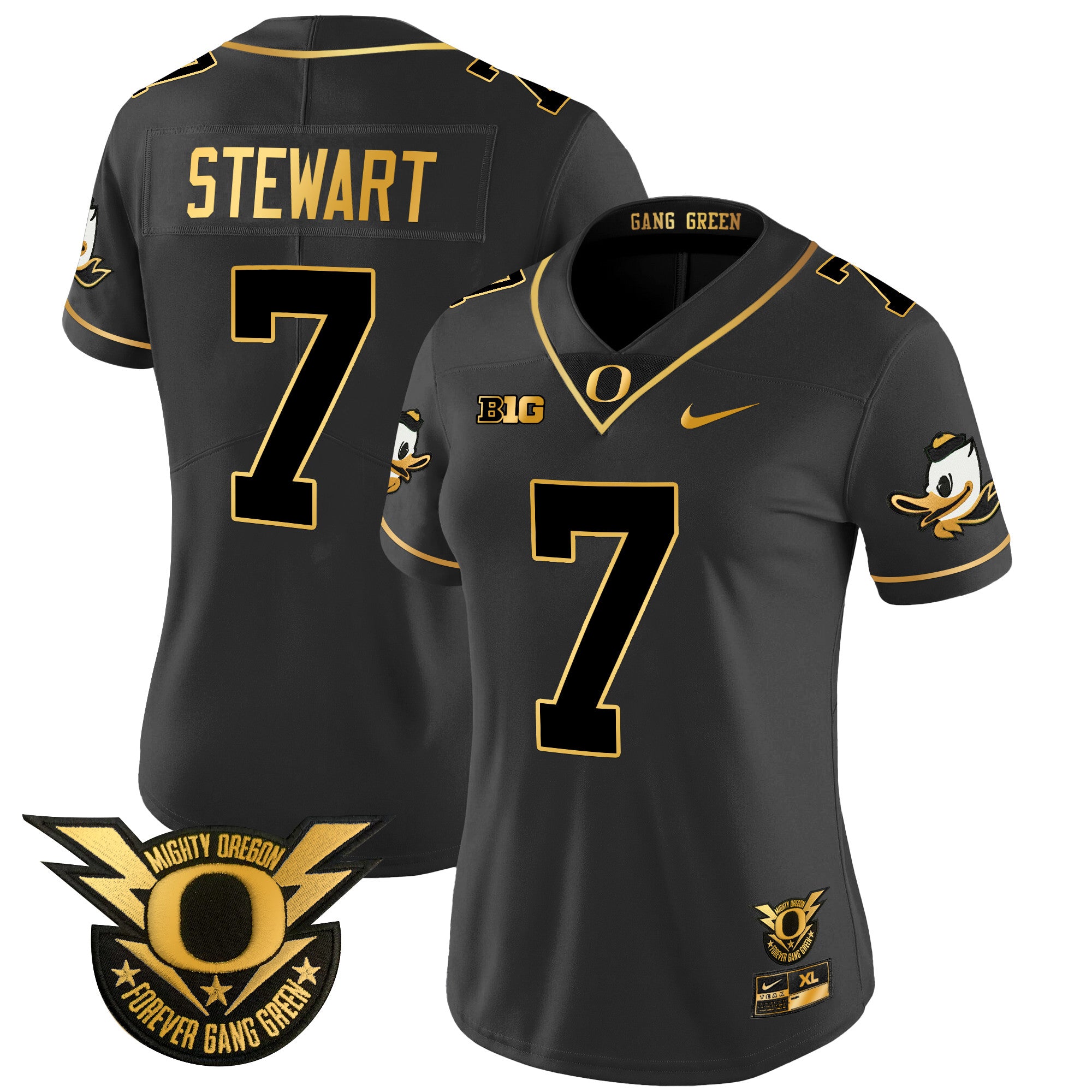 Women's Oregon Ducks 2024 Forever Gang Green & BIG Patch Gold Vapor Limited Jersey - All Stitched - Black Gold, Evan Stewart