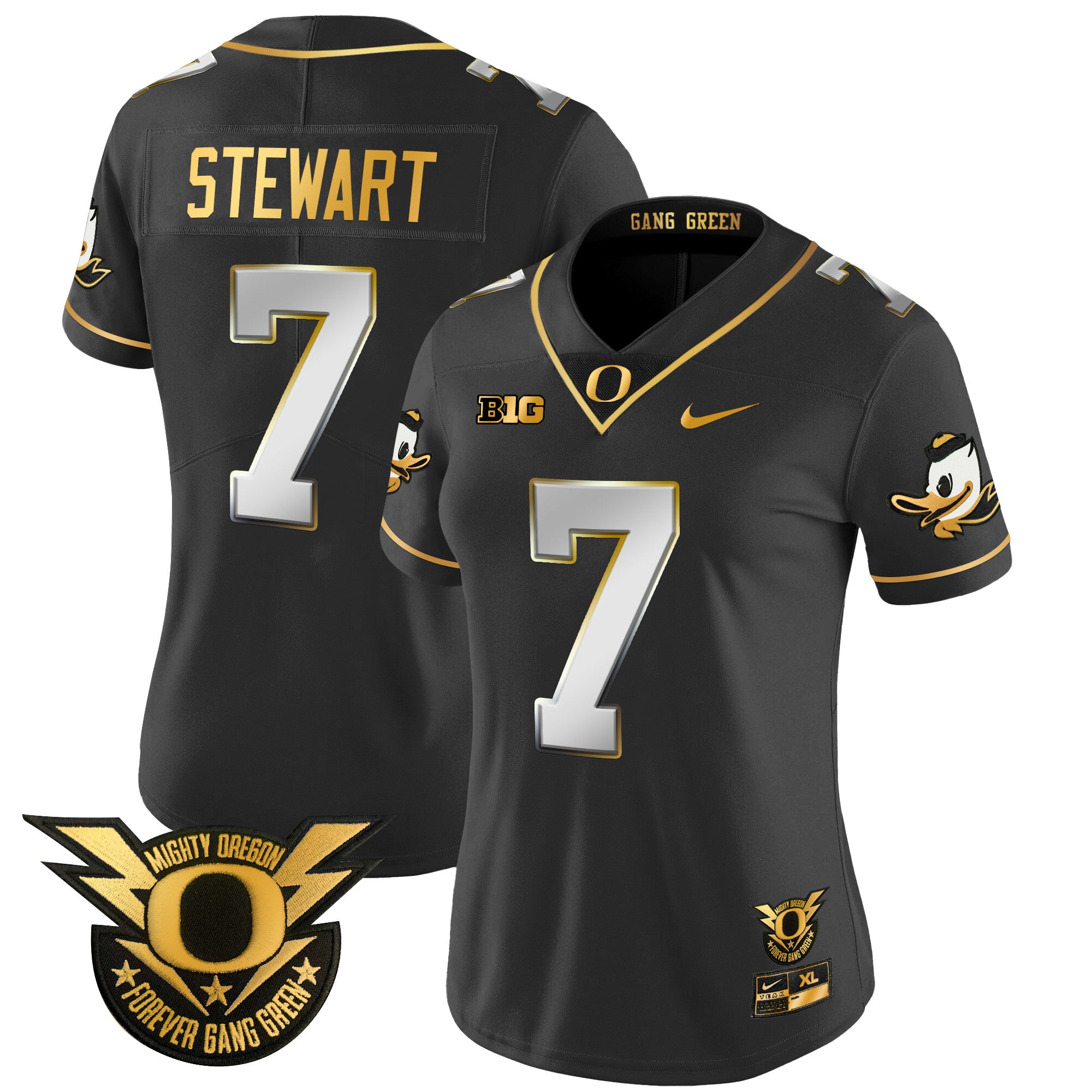 Women's Oregon Ducks 2024 Forever Gang Green & BIG Patch Gold Vapor Limited Jersey - All Stitched - Black Limited, Evan Stewart