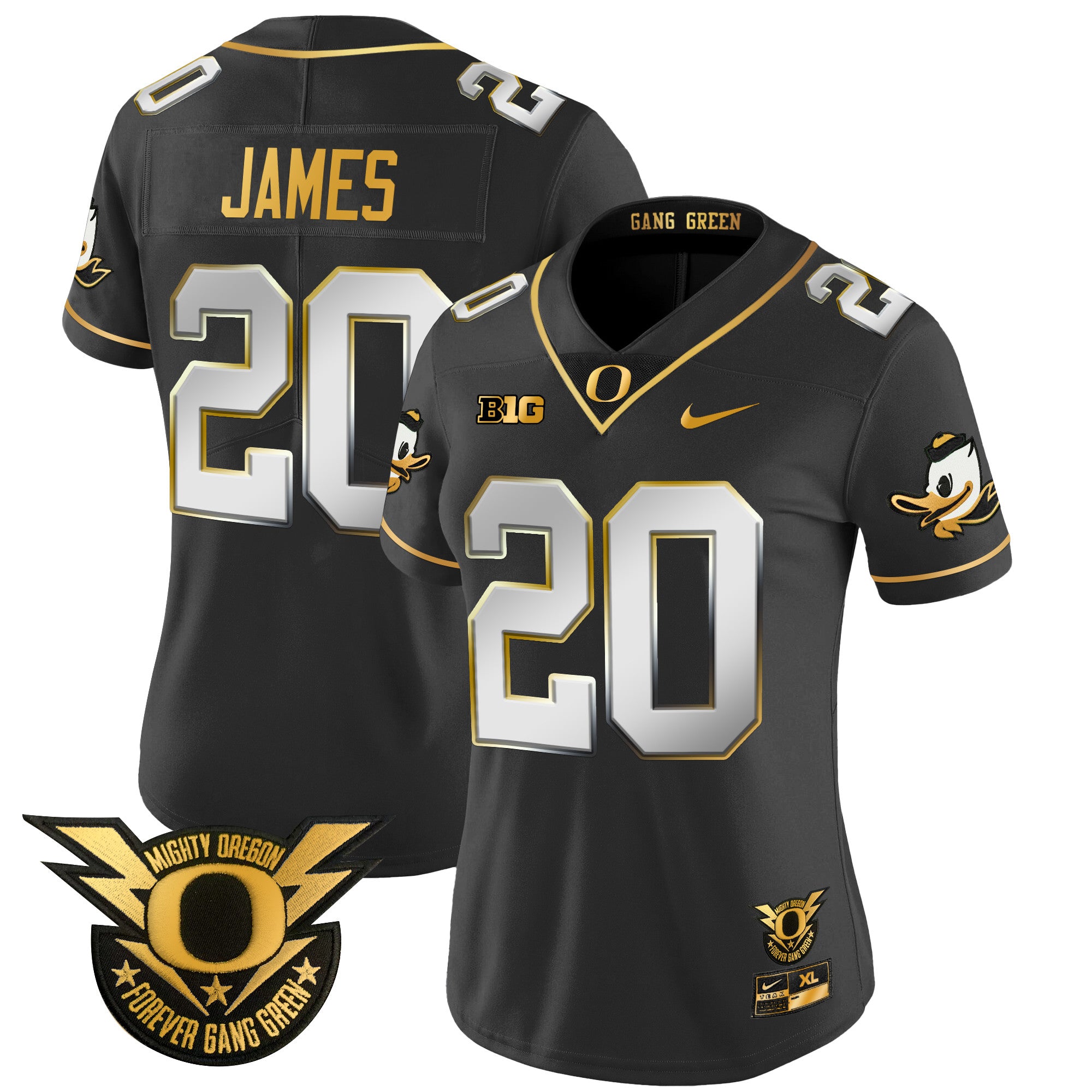 Women's Oregon Ducks 2024 Forever Gang Green & BIG Patch Gold Vapor Limited Jersey - All Stitched - Black Limited, Jordan James