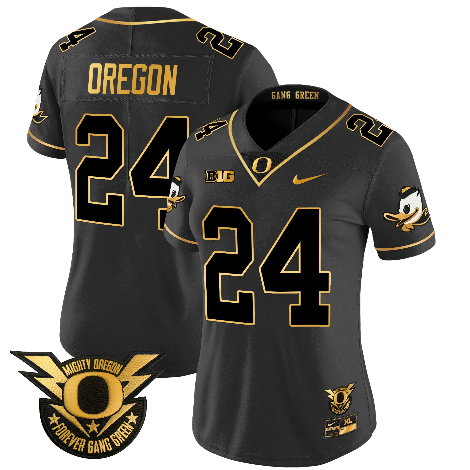 Women's Oregon Ducks 2024 Forever Gang Green & BIG Patch Gold Vapor Limited Jersey - All Stitched - Black Gold, Oregon