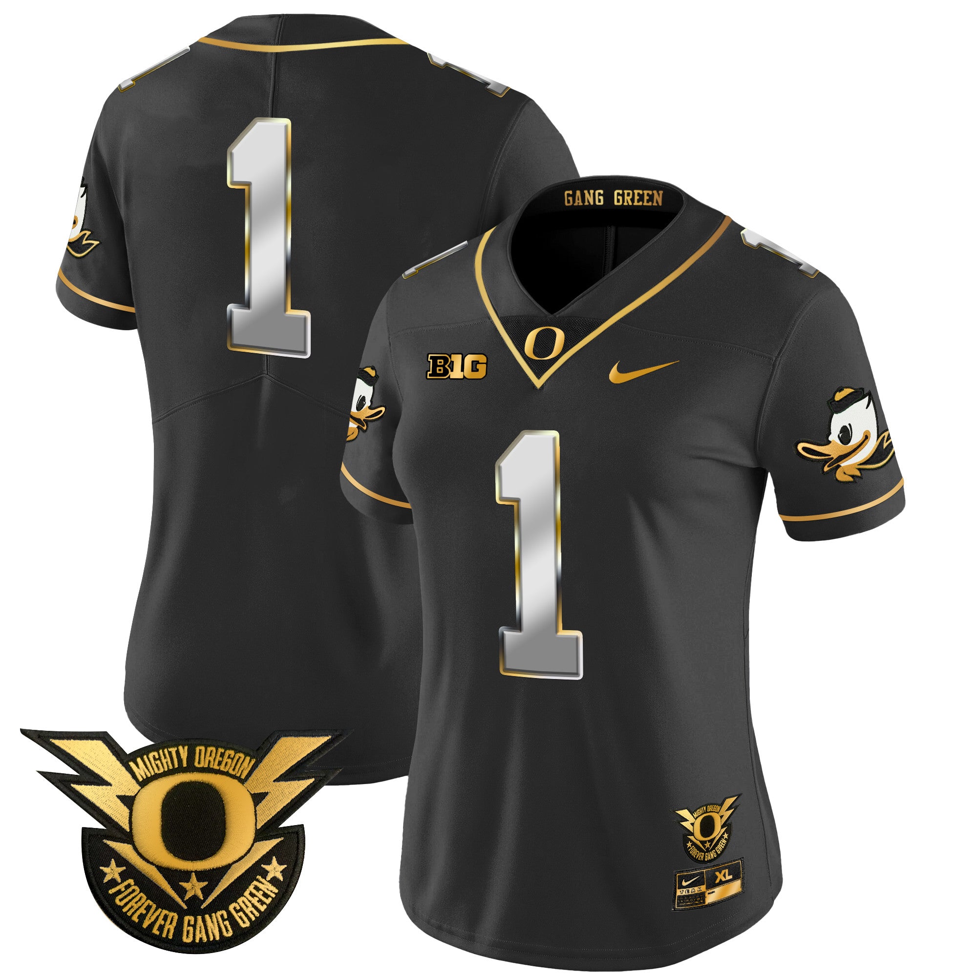 Women's Oregon Ducks 2024 Forever Gang Green & BIG Patch Gold Vapor Limited Jersey - All Stitched - Black Limited, #1 Team