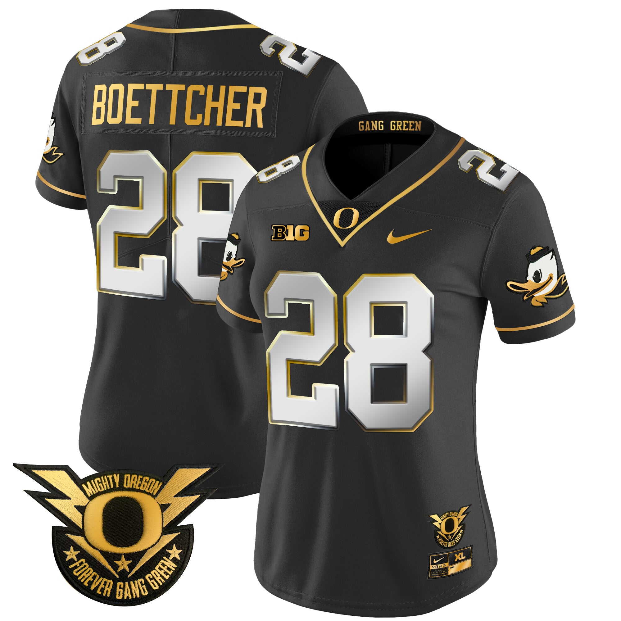 Women's Oregon Ducks 2024 Forever Gang Green & BIG Patch Gold Vapor Limited Jersey - All Stitched - Black Limited, Bryce Boettcher