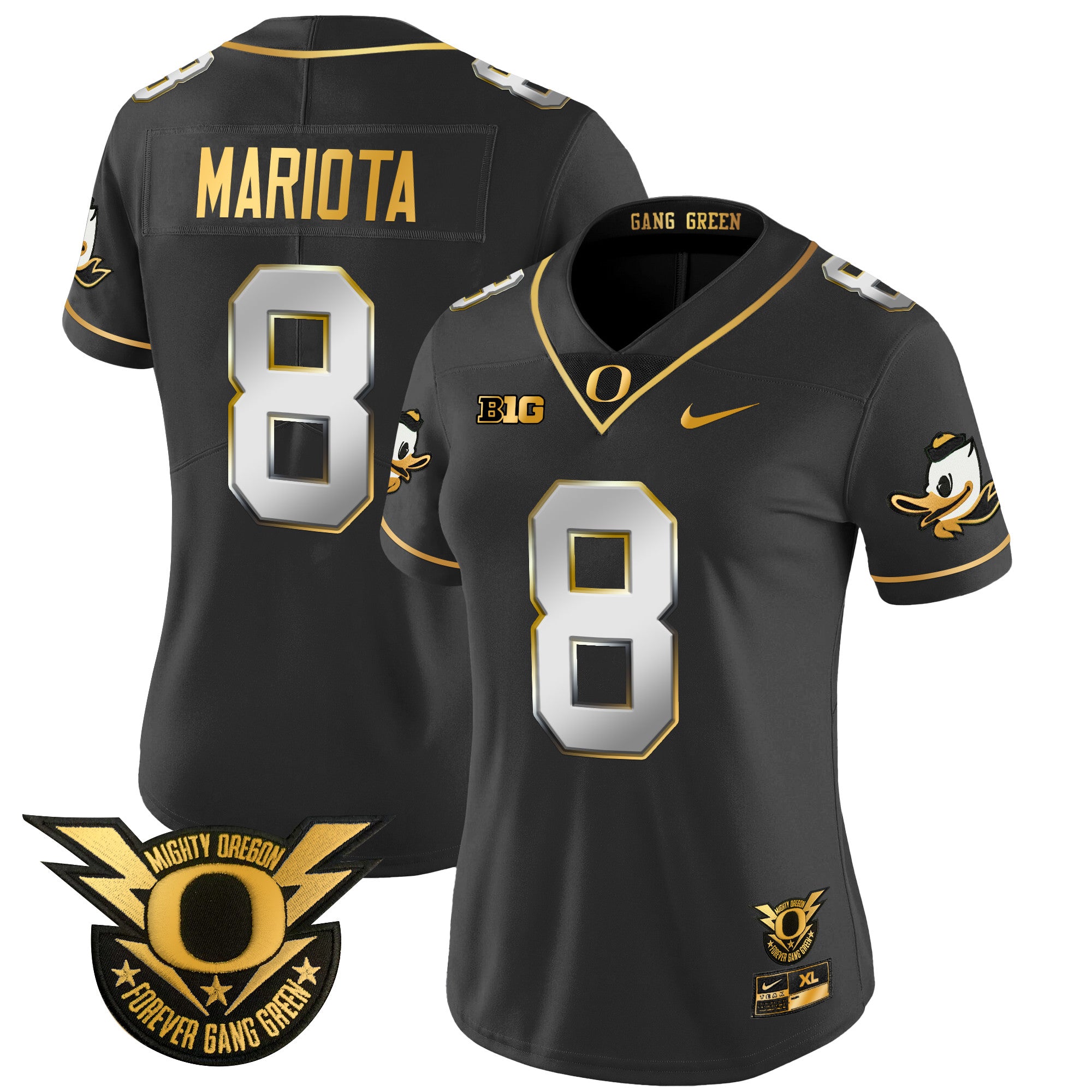 Women's Oregon Ducks 2024 Forever Gang Green & BIG Patch Gold Vapor Limited Jersey - All Stitched - Black Limited, Marcus Mariota
