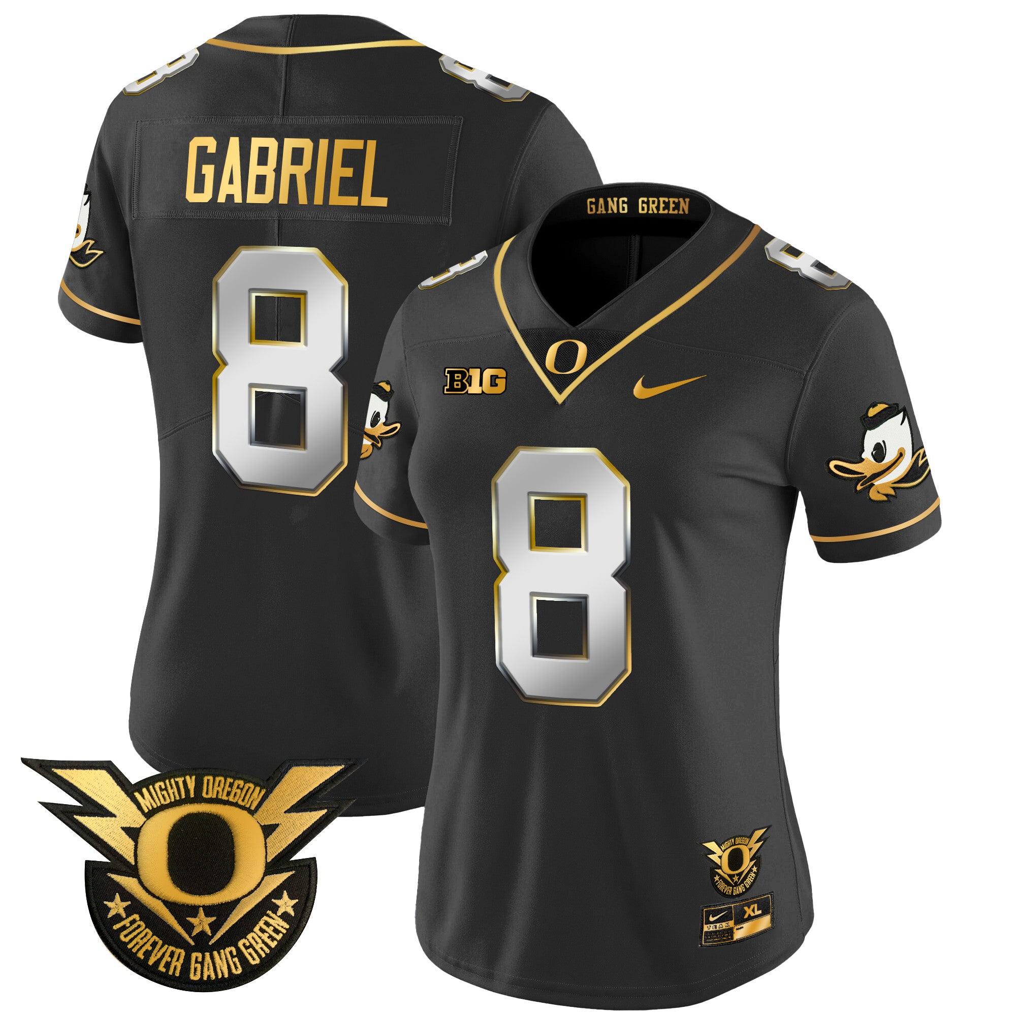 Women's Oregon Ducks 2024 Forever Gang Green & BIG Patch Gold Vapor Limited Jersey - All Stitched - Black Limited, Dillon Gabriel