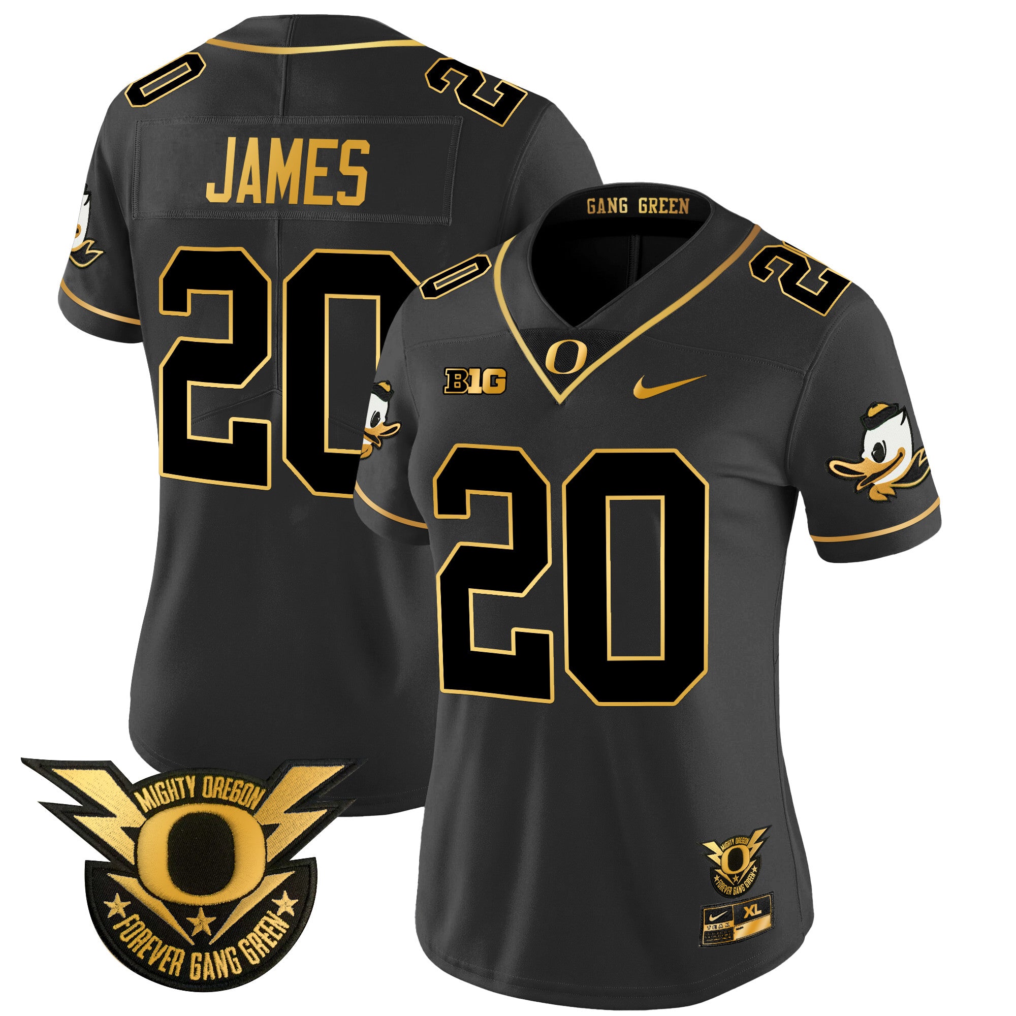 Women's Oregon Ducks 2024 Forever Gang Green & BIG Patch Gold Vapor Limited Jersey - All Stitched - Black Gold, Jordan James