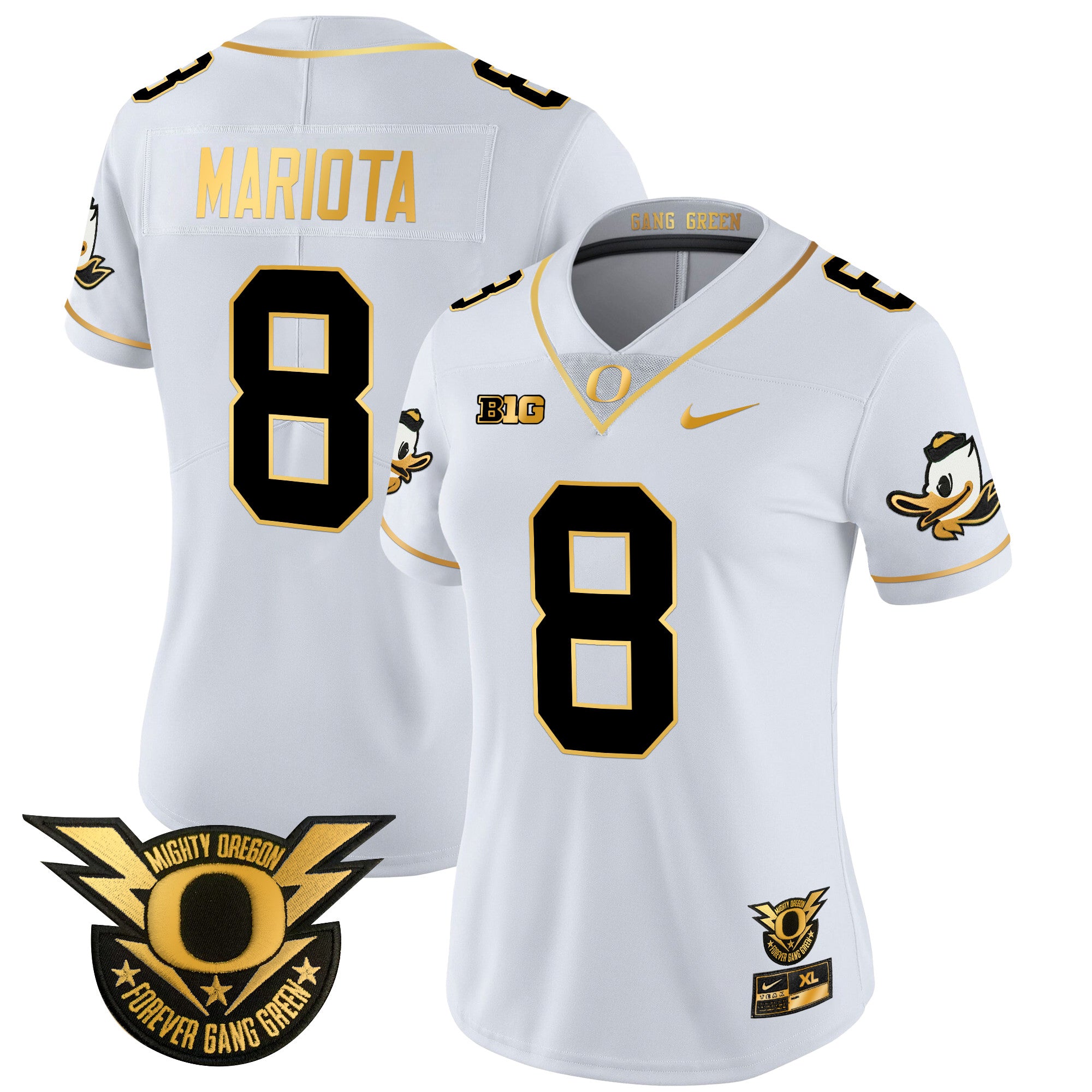 Women's Oregon Ducks 2024 Forever Gang Green & BIG Patch Gold Vapor Limited Jersey - All Stitched - White Gold, Marcus Mariota