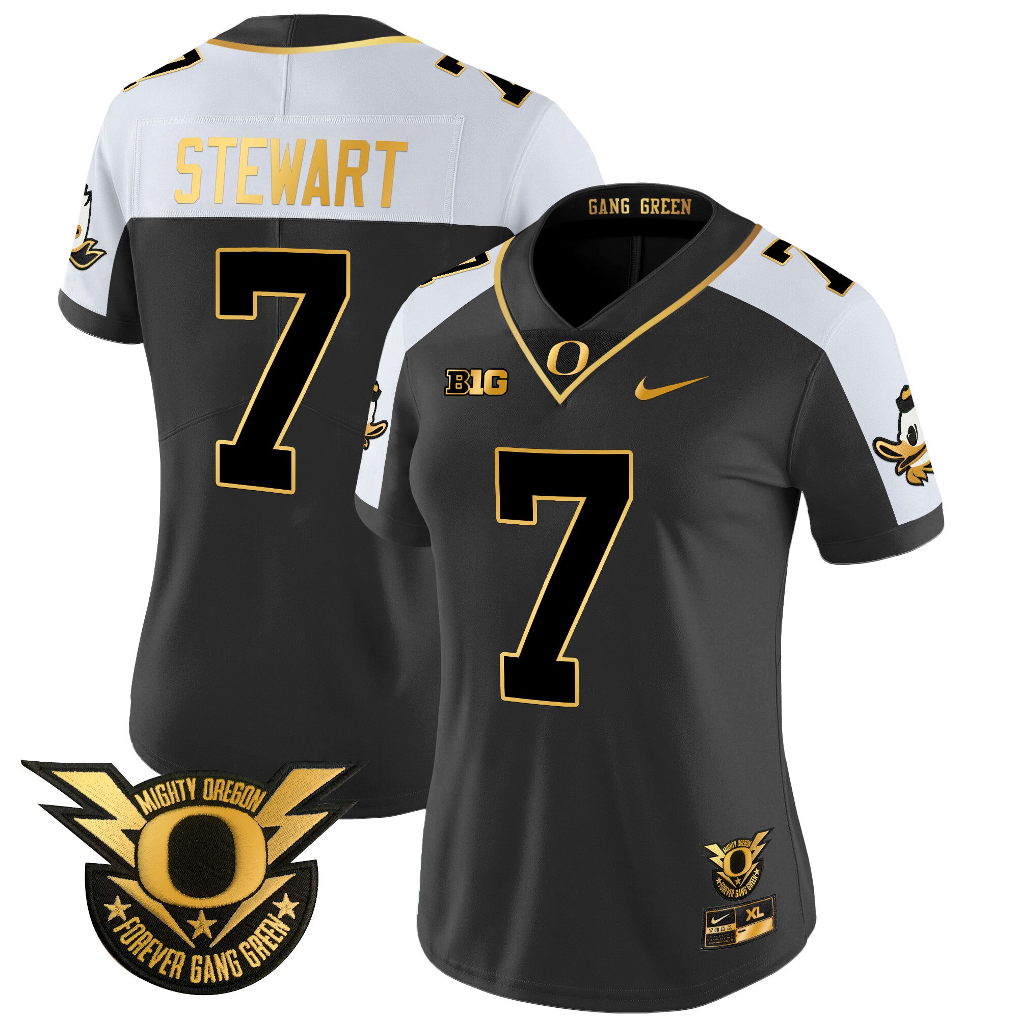 Women's Oregon Ducks 2024 Forever Gang Green & BIG Patch Gold Vapor Limited Jersey - All Stitched - Alternate, Evan Stewart