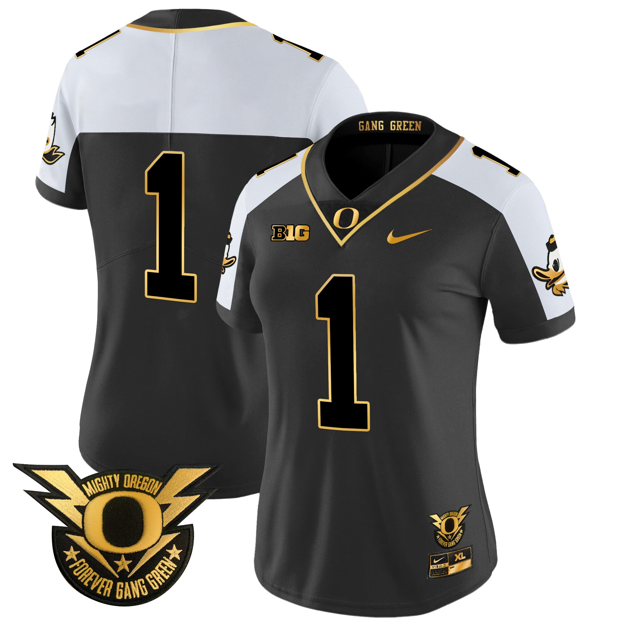 Women's Oregon Ducks 2024 Forever Gang Green & BIG Patch Gold Vapor Limited Jersey - All Stitched - Alternate, #1 Team