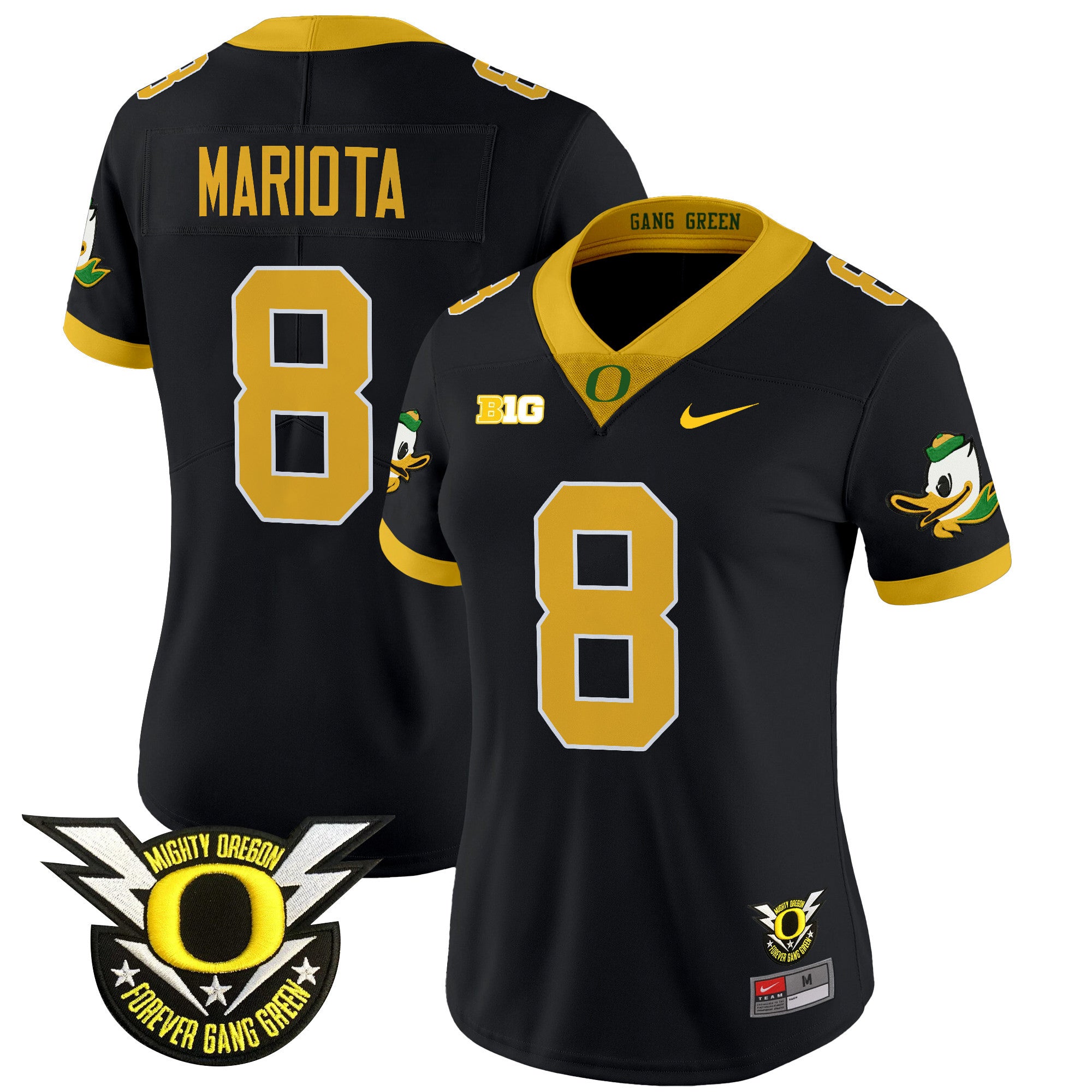 Women's Oregon Ducks 2024 Forever Gang Green & BIG Patch Vapor Limited Jersey - All Stitched - Black, Marcus Mariota