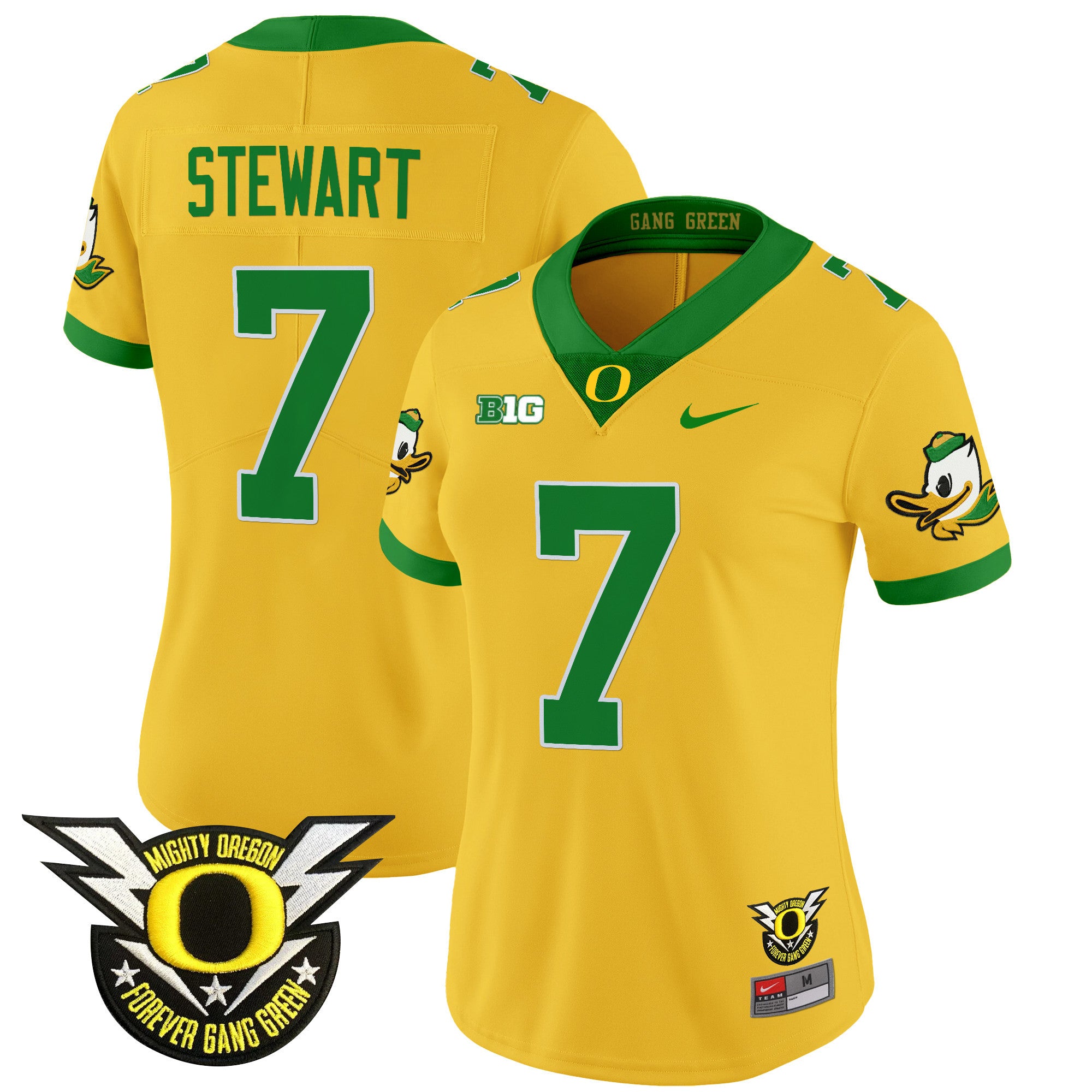 Women's Oregon Ducks 2024 Forever Gang Green & BIG Patch Vapor Limited Jersey - All Stitched - Gold, Evan Stewart