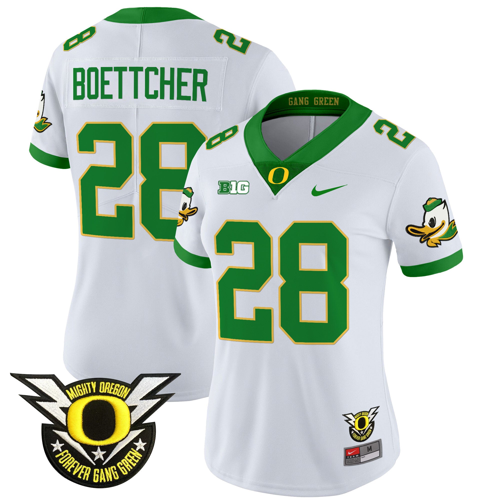 Women's Oregon Ducks 2024 Forever Gang Green & BIG Patch Vapor Limited Jersey - All Stitched - White, Bryce Boettcher